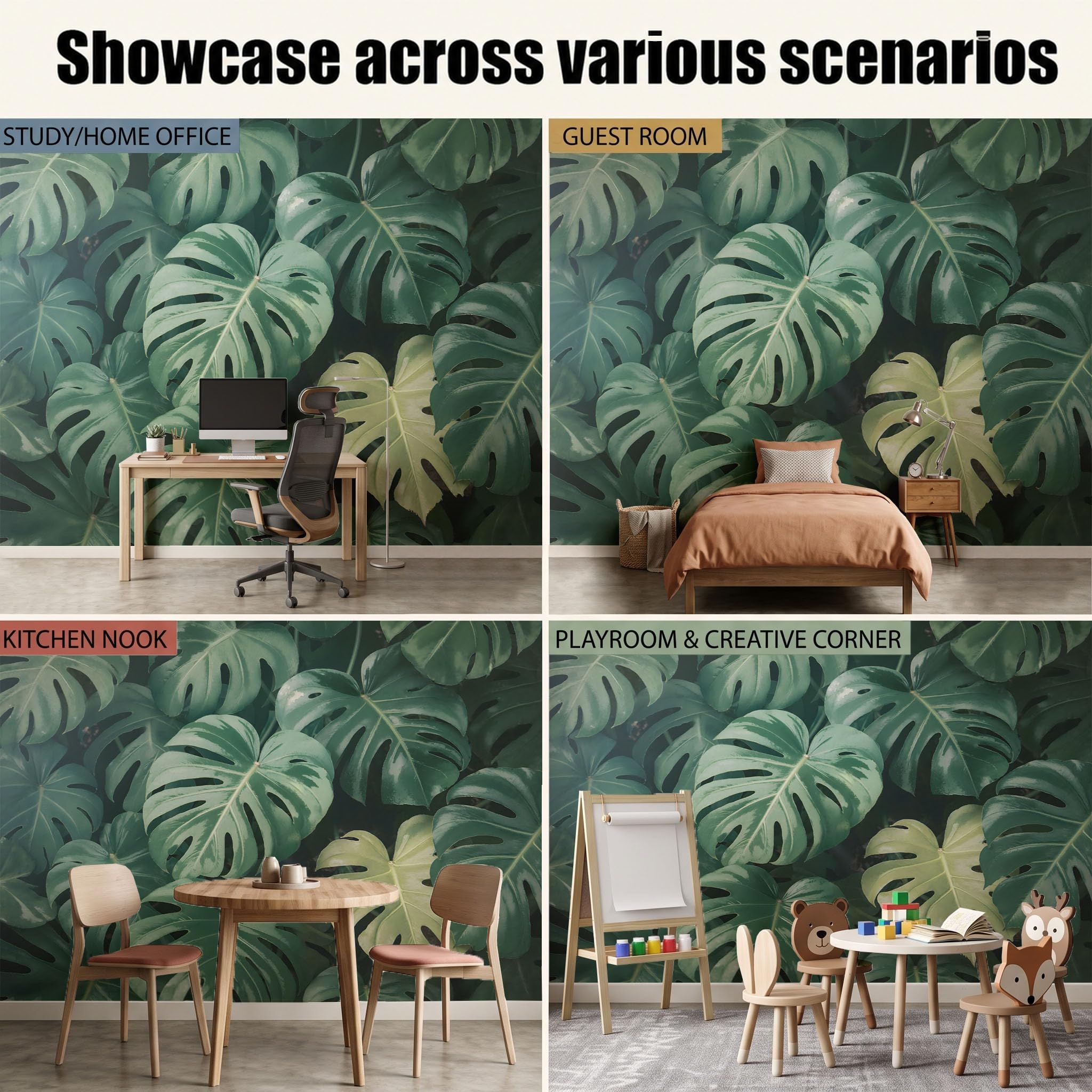 Carta da Parati Moderna per Soggiorno, Piante tropicali Foglie di Monstera, 350x256cm | Fotomurali in Seta, Decorazione da Muro XXL, Carte da Parati Moderne Verde scuro