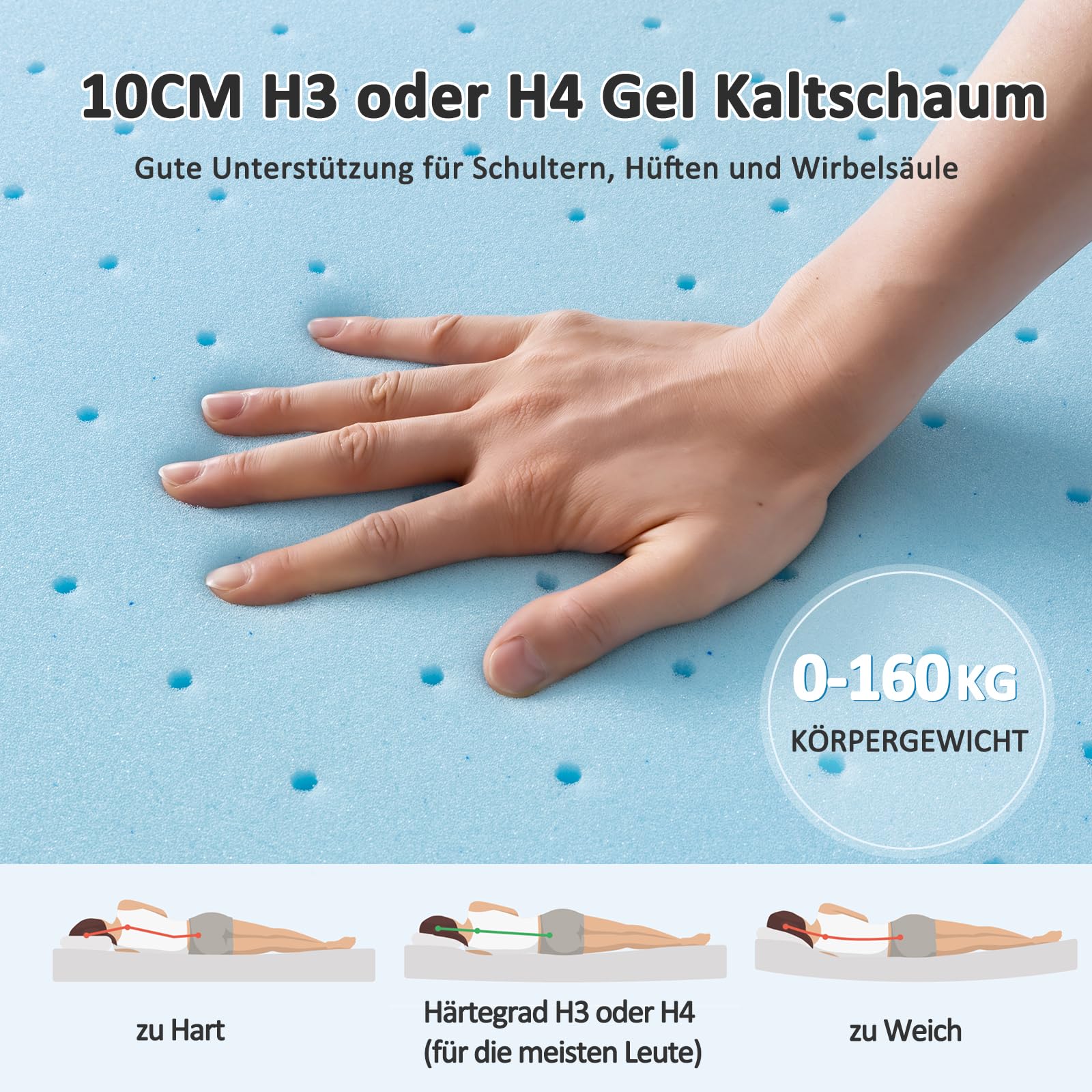 BedStory Gel Topper 180x200cm H3/H4 aus 10cm Höhe Kaltschaumkern, atmungsaktive 3D-Netz Bezug, Bequeme Matratzentopper für Boxspringbett und unbequemem Betten Schlafsofa