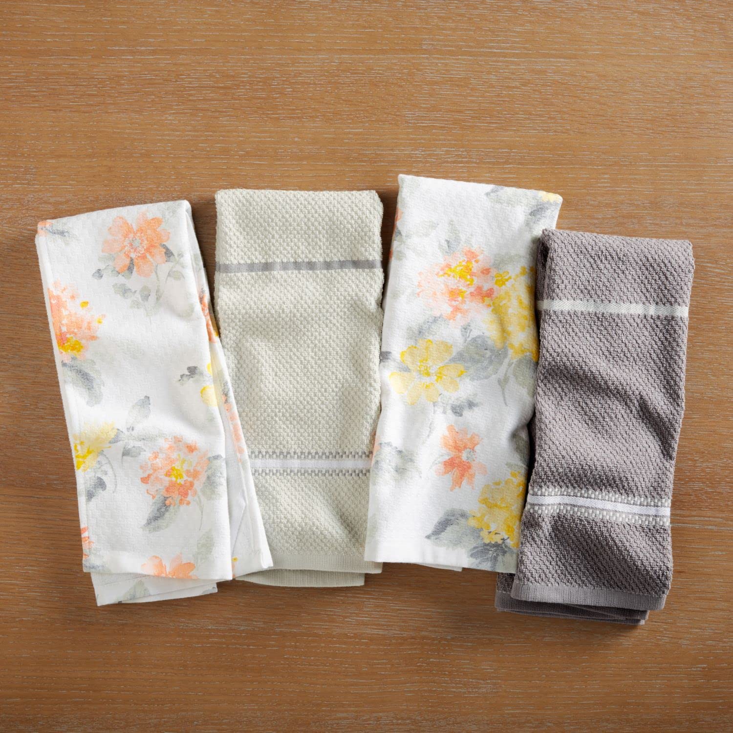 Martha Stewart Lot de 4 torchons de Cuisine à Motif Floral ambré, Jaune/Corail, 40,6 x 71,1 cm