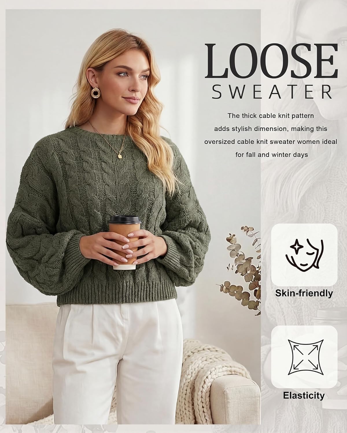 Women Oversized Cable Knit Sweater 2025 Long Sleeve Chunky Sweater Crewneck Loose Fit Pullover Fall Winter Outfit - Image 4