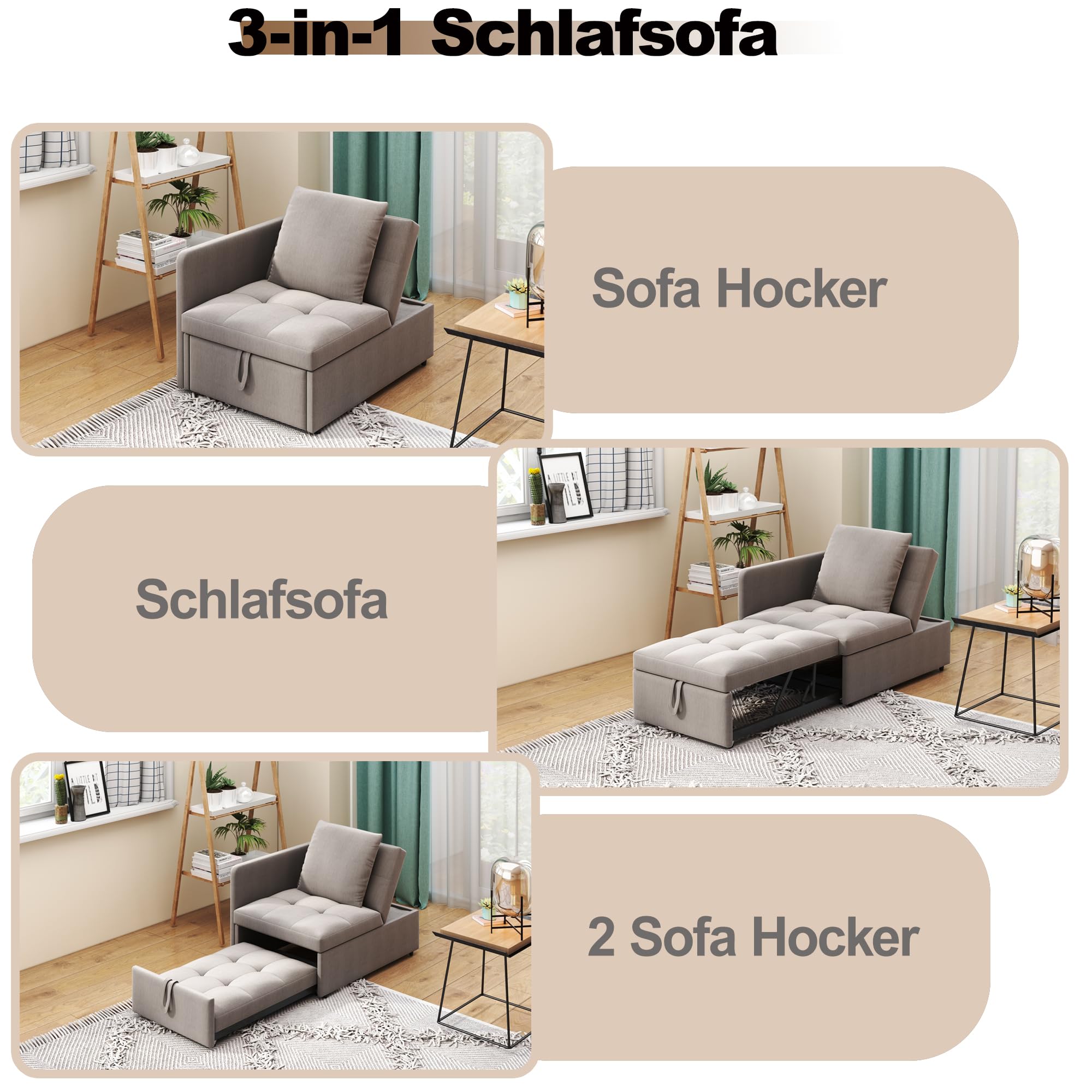 Sofá cama acolchado 3 en 1 sofá cama multifuncional de tela de lino con respaldo ajustable, sofá reclinable para espacios pequeños