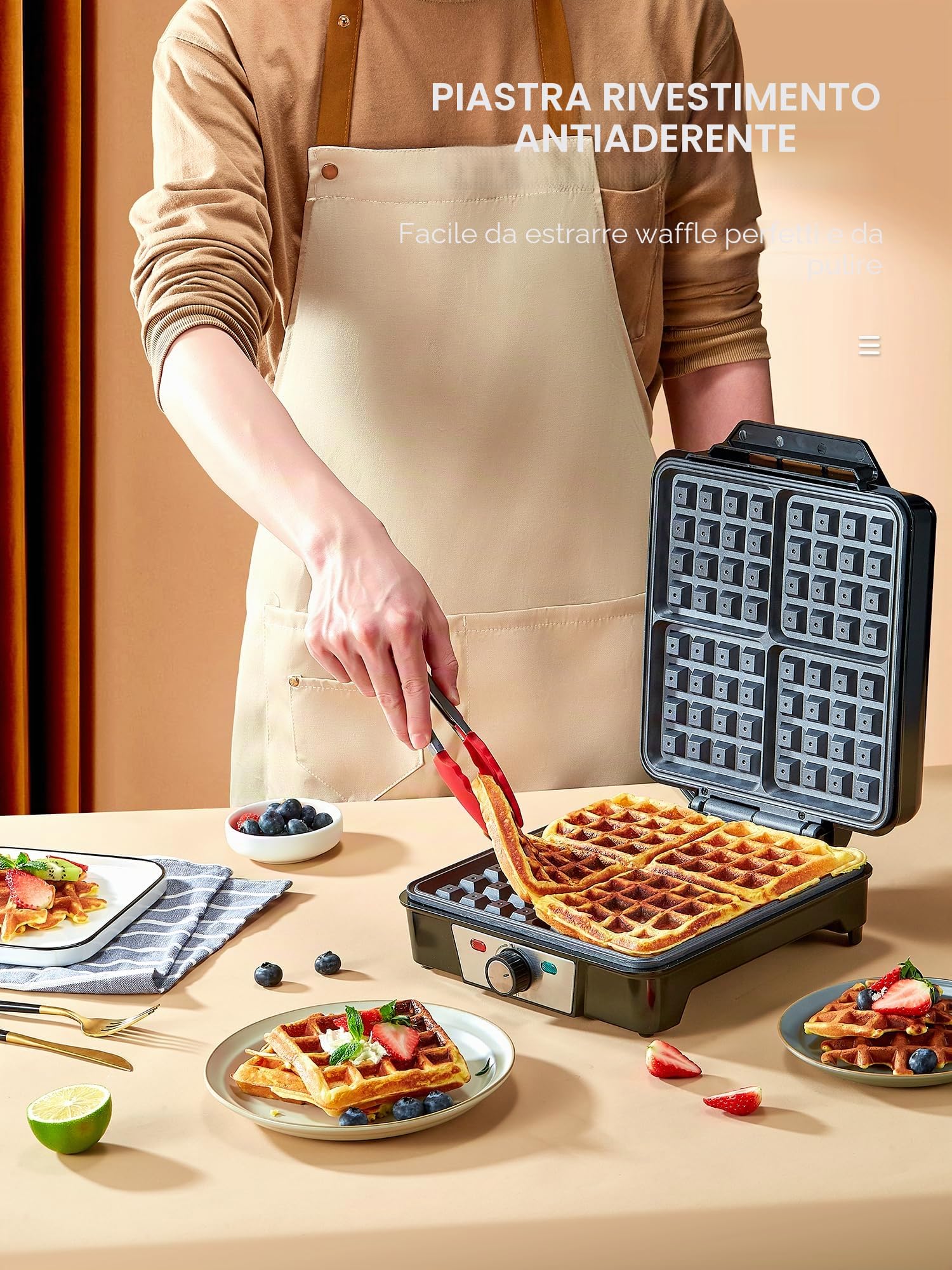 VINATO Waffle Maker, Macchina Waffle per 4 Waffel, 1200W Calore Rapido e Stabile, Piastra Waffle con Rivestimento Antiaderente Delle Piastre Riscaldanti, Regolazione Continua Della Temperatura