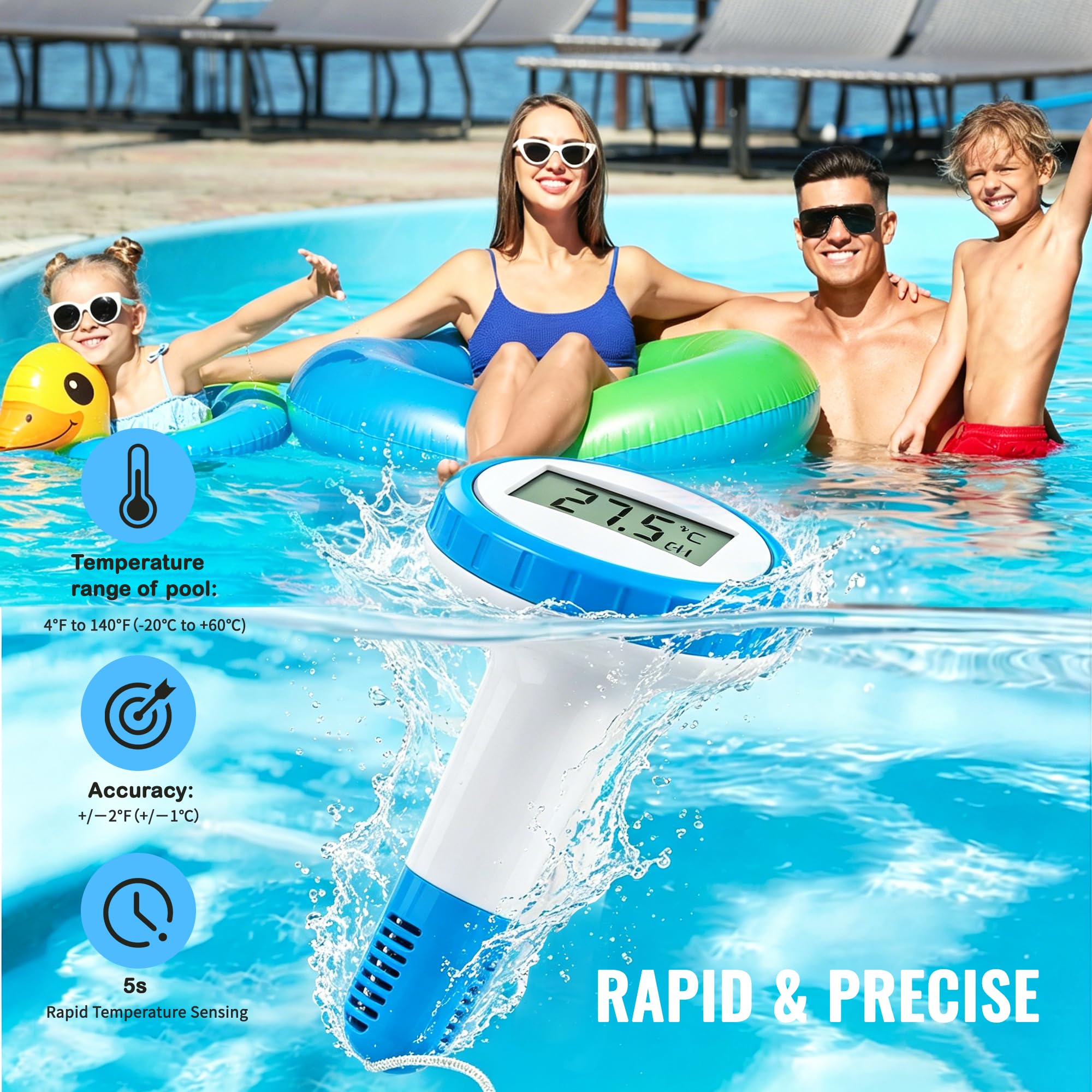 Thermomètre numérique sans fil pour piscine, thermomètre flottant, étanche IPX8, thermomètre à 3 canaux pour piscines, baignoires, aquariums, jacuzzis et spas, utilisable en intérieur et en extérieur