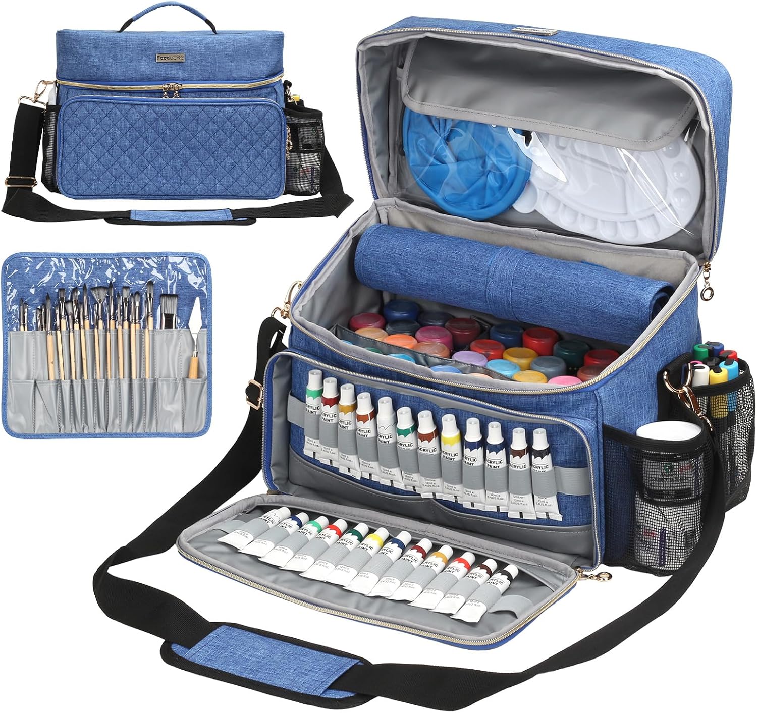 Art Supplies Organizer Storage Bag with Detachable Paint Brush Holder & Partition - Carrying Case for Home/Travel/Outdoor Fits Marks, Acrylic Paint, Palettes, Folding Buckets, Portfolios (Pro Blue)