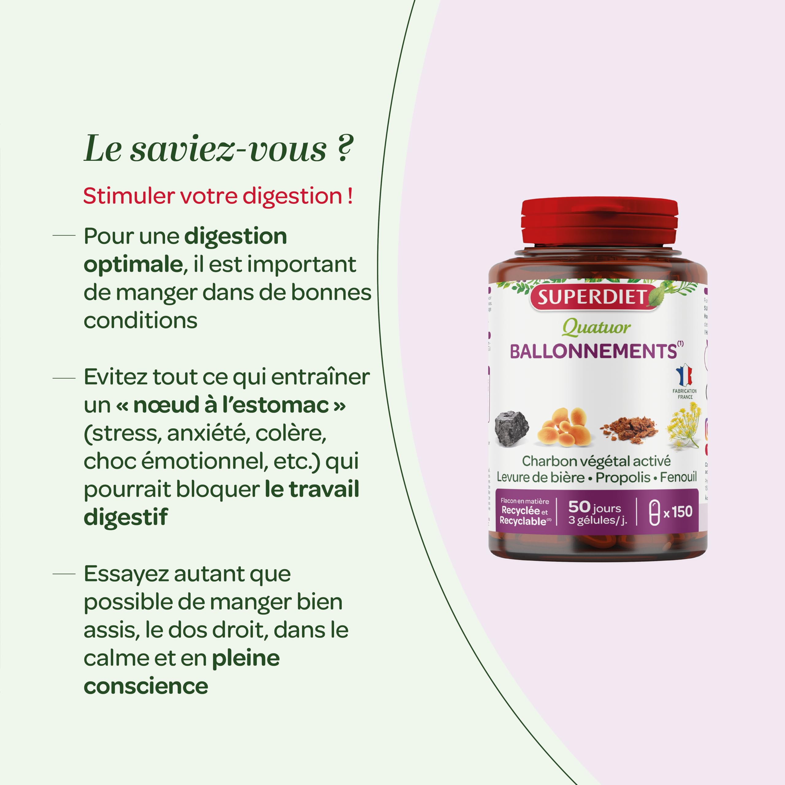 SUPERDIET - QUATUOR BALLONNEMENTS - Charbon végétal activé, Levure de bière, Propolis, Fenouil – Fabrication Française – 150 gélules