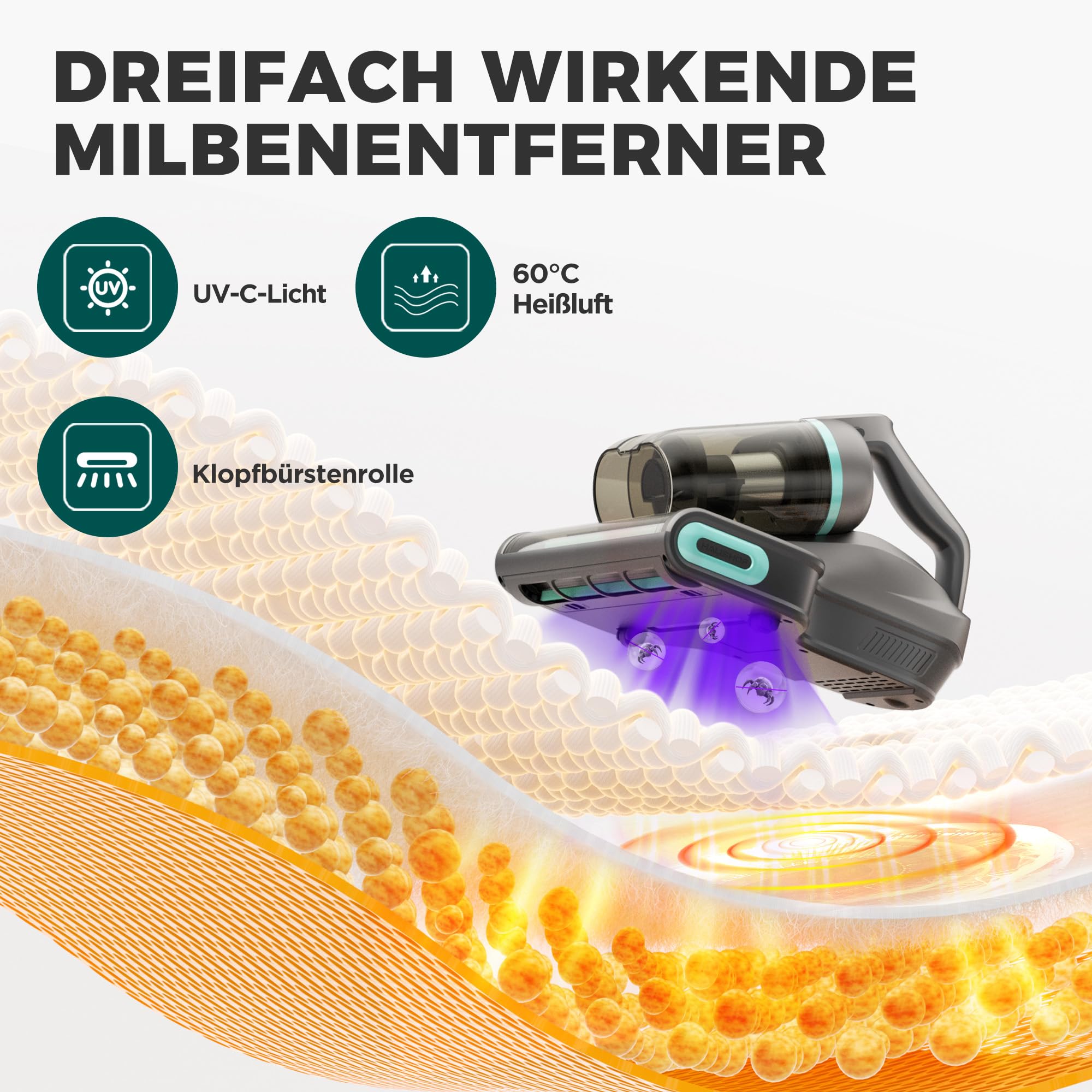 HAUSHOF Milbensauger Matratzen 400W 15 kPa UV Licht 60℃ Heißluft Aroma-Funktion LED-Display Doppel-Staubbehälter
