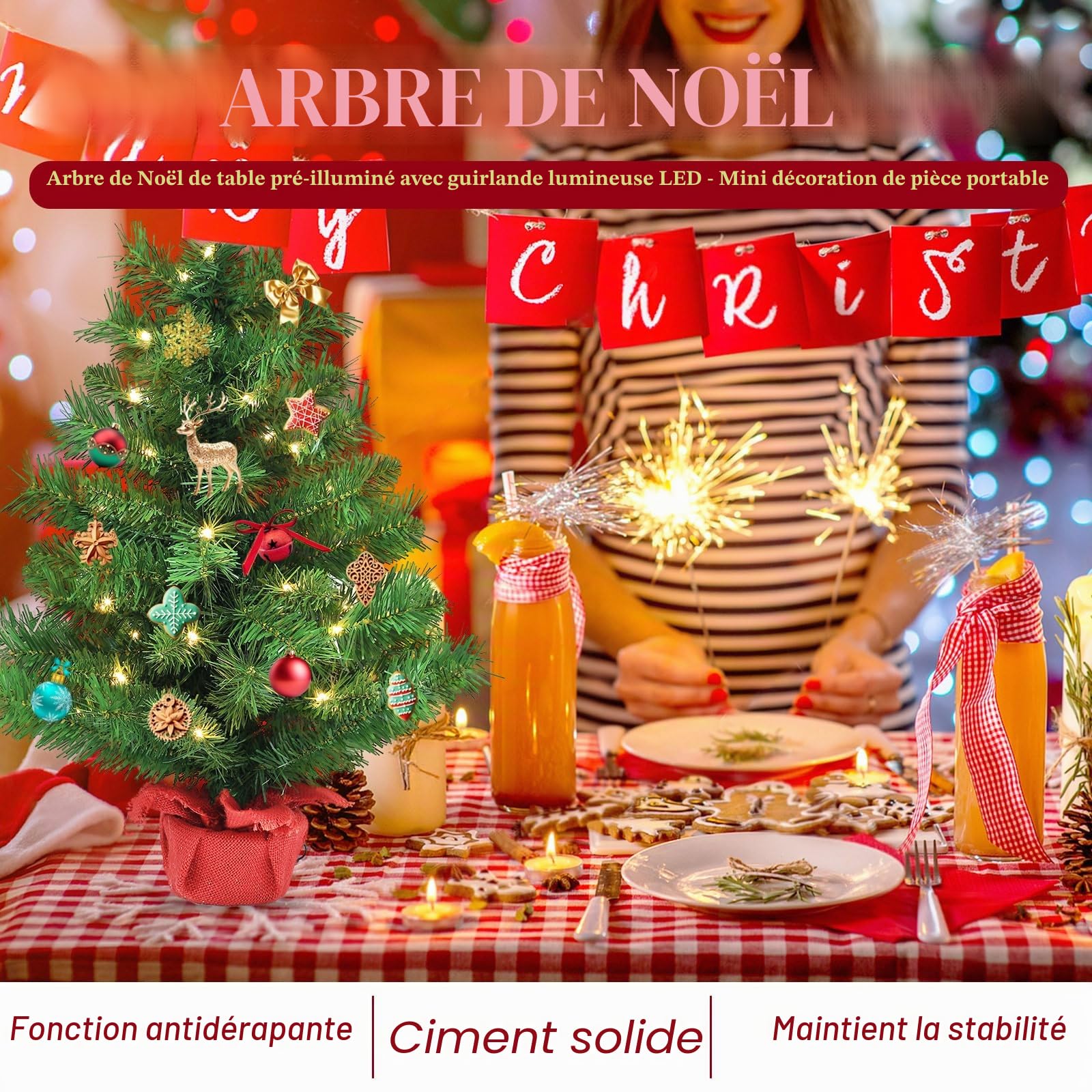 Gfilay Sapin de Noël pré-éclairé de table avec guirlande lumineuse LED – Mini décoration de chambre portable – 0,6 m