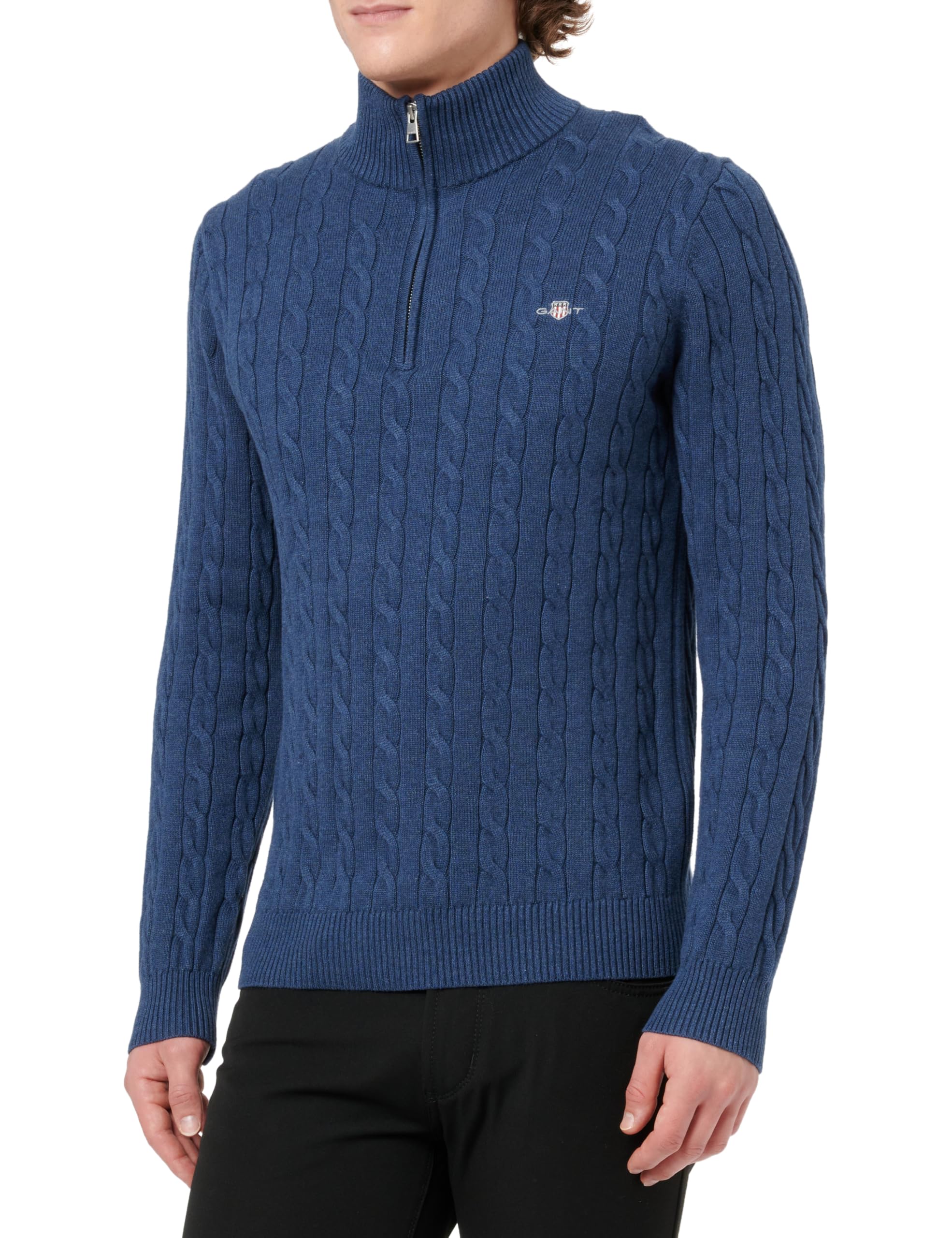 GANT Cotton Cable Half Zip, Dark Denim Blue Melange, M