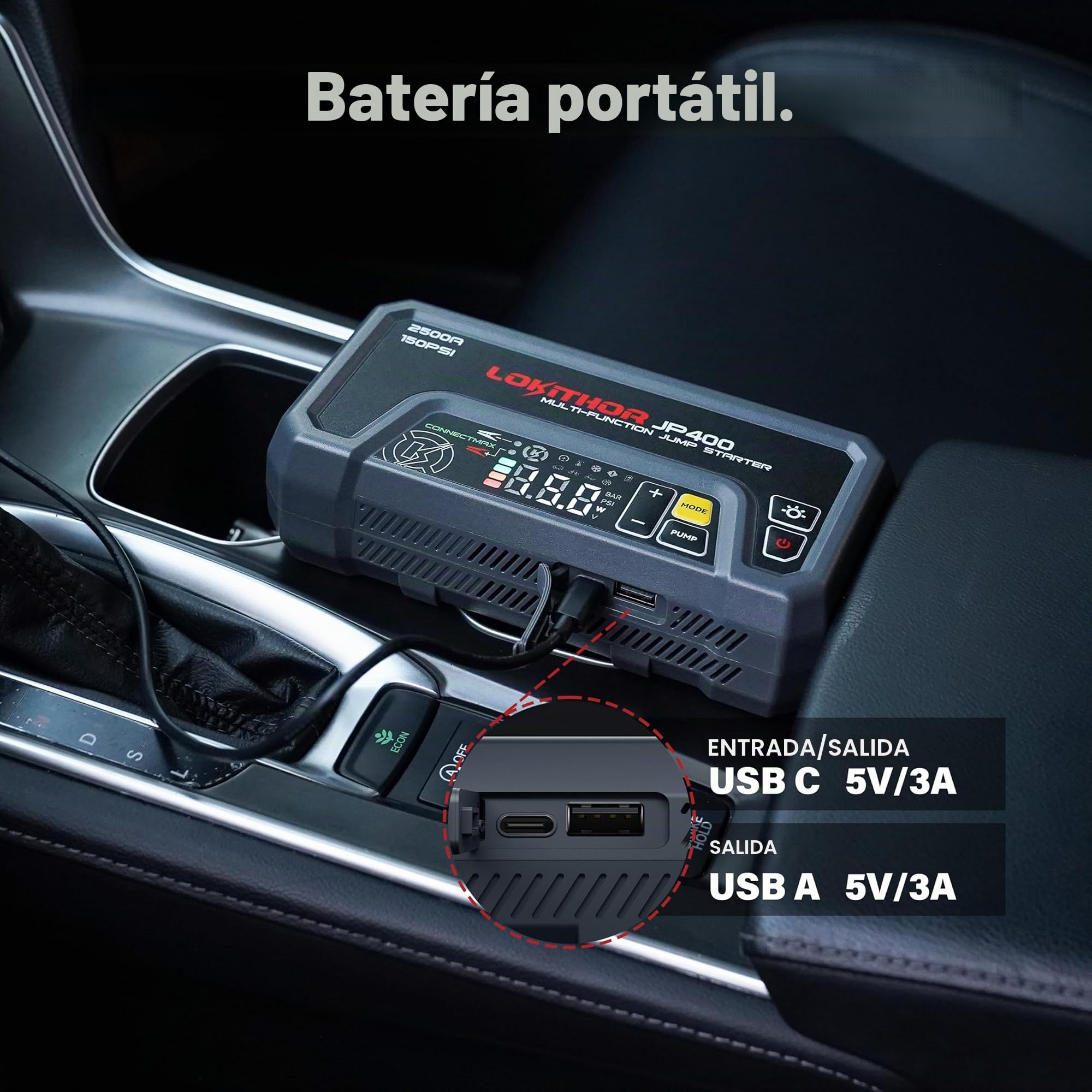 LOKITHOR JP400 Arrancador de Coches Portátil 2500A con Compresor | Cargador Inteligente 6V/12V con Mantenimiento y Desulfatación, Para Gasolina 8,5L y Diésel 6,5L