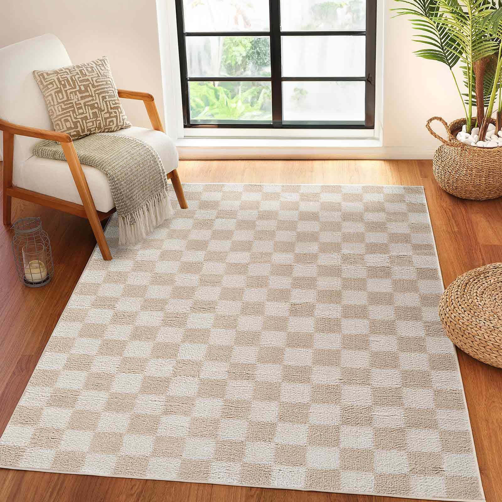 Livabliss Beige Fossay Shag-Washable High Pile Checkered Rug - 200 X 275 Cm