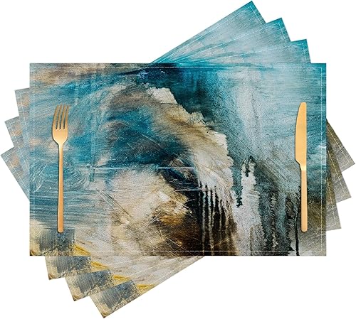 Miniatura 10 de Juego de 4 manteles individuales de arte abstracto para interiores, manteles individuales modernos de lino, lavables, impermeables, resistentes al