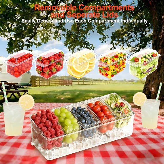 Large Ice Chilled Condiment Caddy,Chilled Condiment Containers Server with Lids for 5 Removable Compartments ,Serving Platters , Fruit & Garnish Tray for Party Supplies & Bar Accessories-Transparent