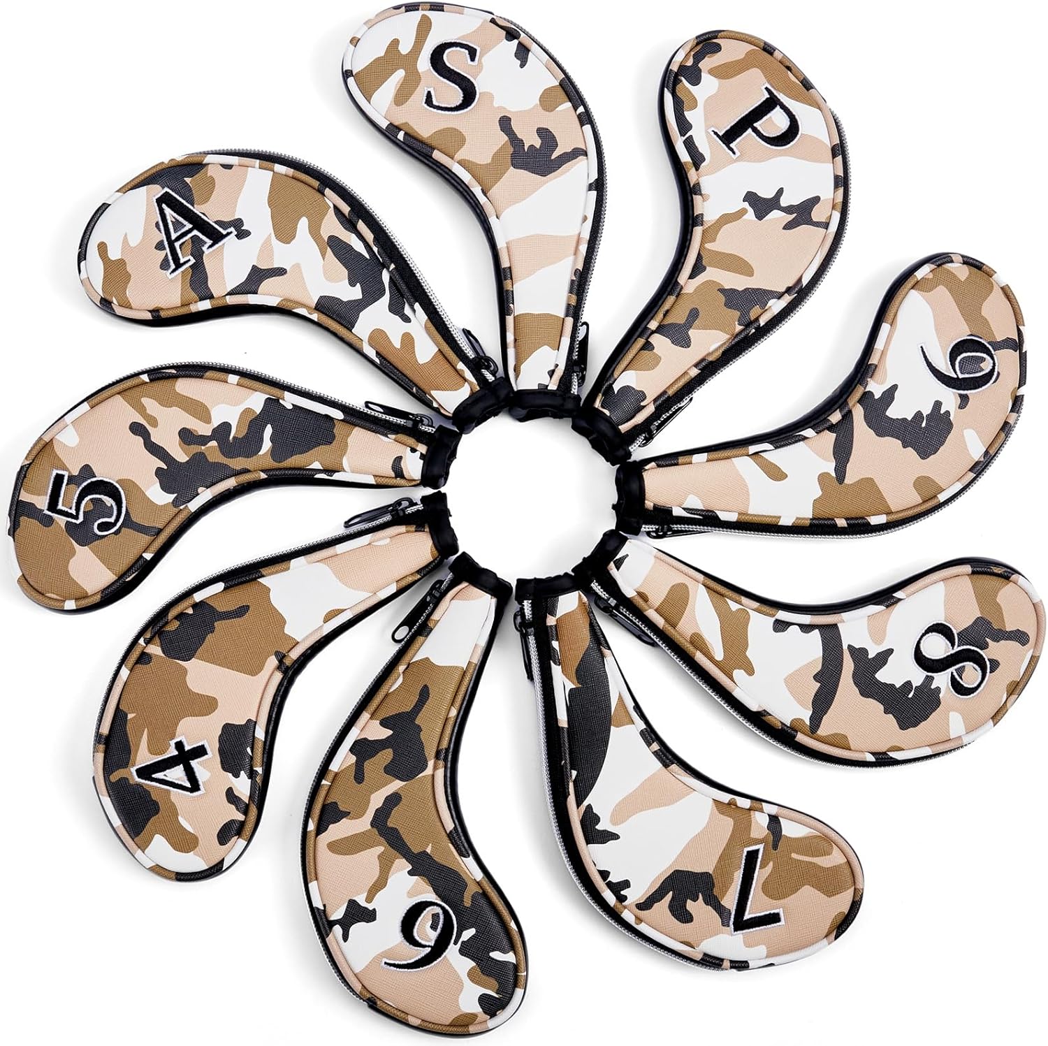 Golf Club Camo Zipper Iron Head Covers 9Pcs/Set With No. on Both Sides PU Leather Headcovers (Blue/Brown)
