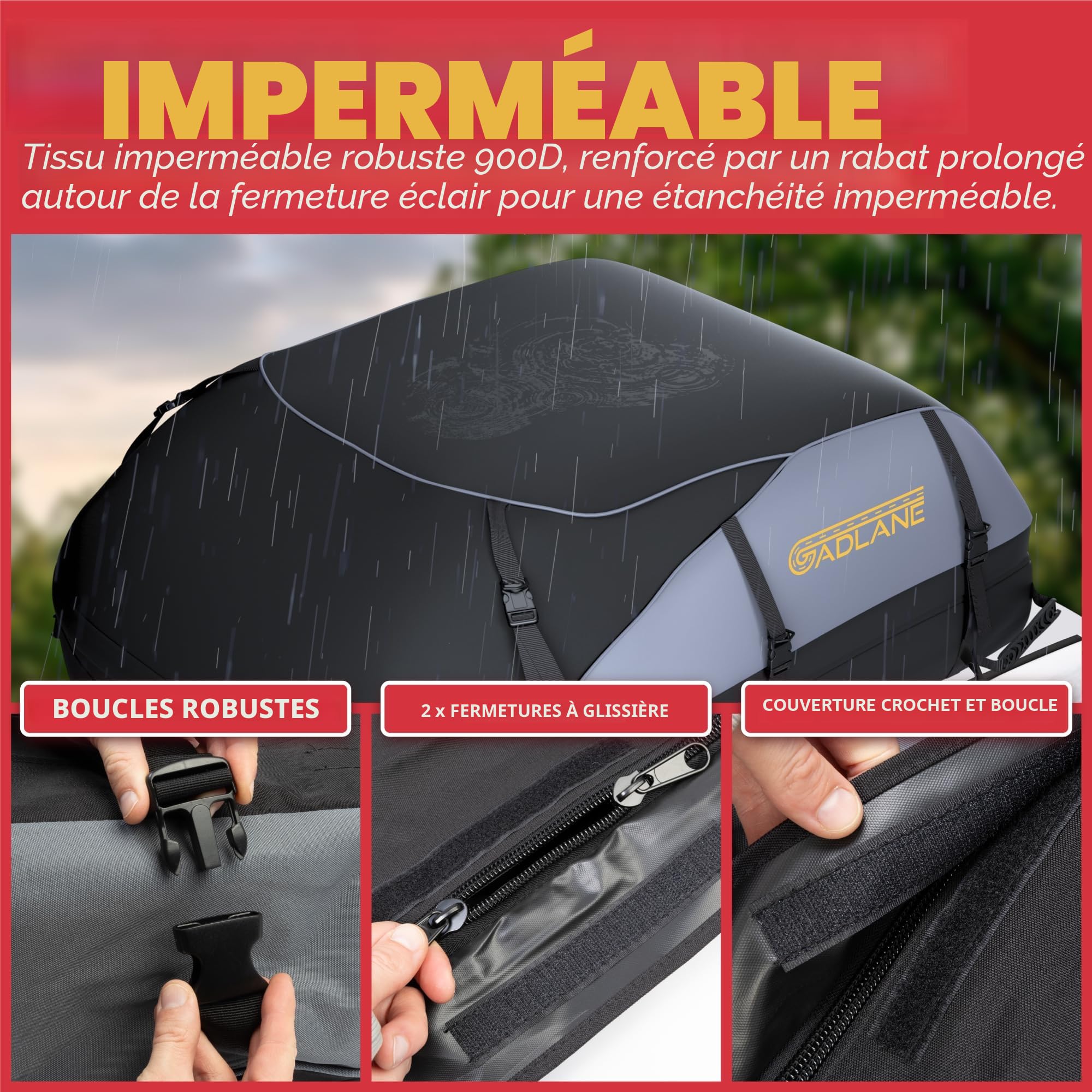 GADLANE Sac de Toit de Voiture 550L - Coffre de Toit étanche pour Voitures avec/sans Porte-Bagages de Toit avec 6 Sangles Robustes, Tapis antidérapant et Sac de Rangement (Gris/Noir)