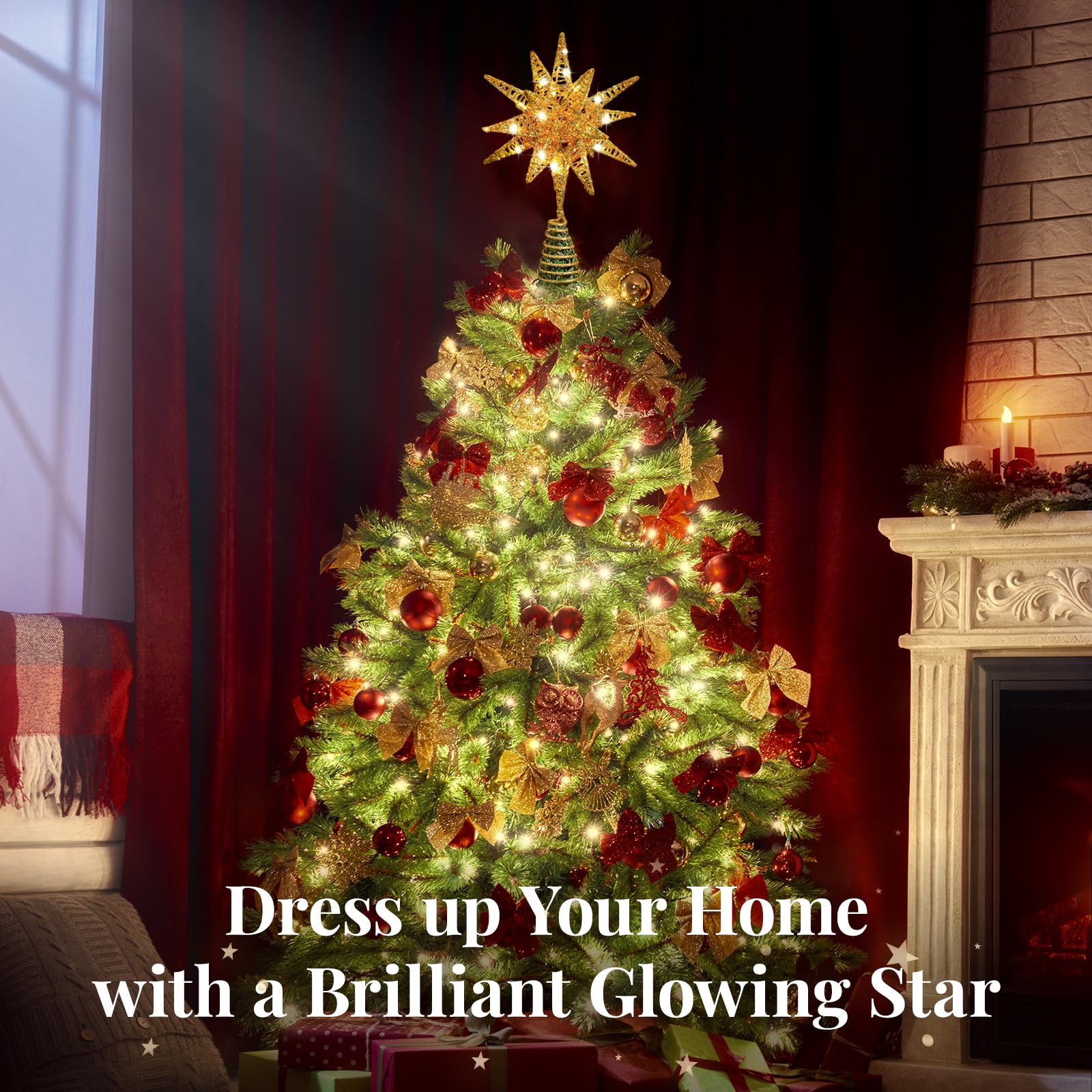 Lewondr Estrella para Árbol de Navidad, 11" Enchufable y Control Remoto Estrella de Copa Geométrica 3D Iluminada para Decoración Navideña, Función Temporizador y Cable 5m, Luz Cálida, Oro