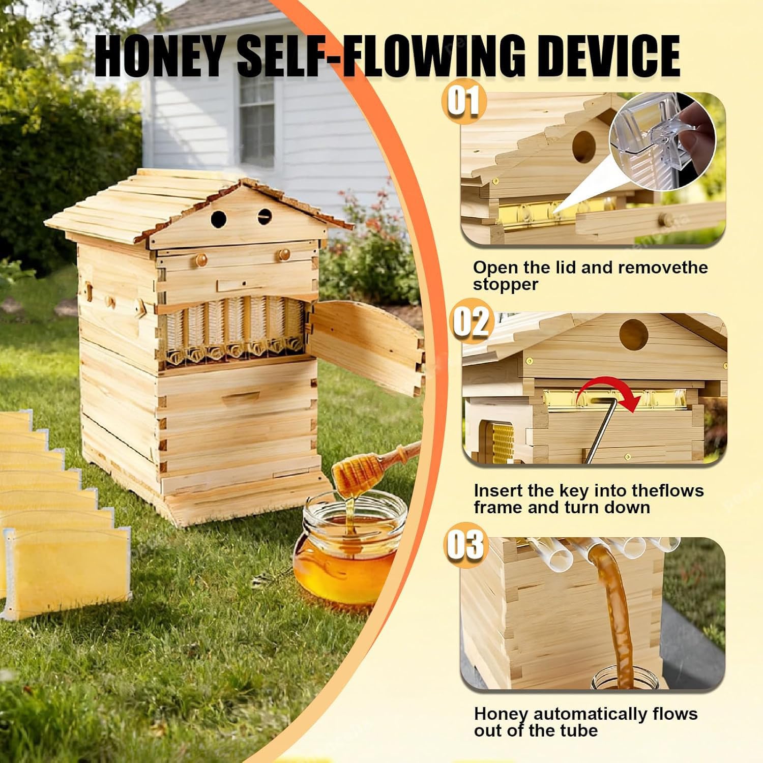 Kit de Inicio de Colmena de Abejas Caja de Abeja Completa con Ventana observación y Boquilla Miel Carpintero para polinizadores jardín para Principiantes,0.1,51×41×26cm