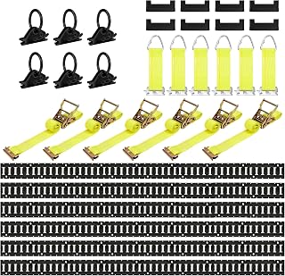 LEVELEVE E Track Rail Tie-Down Kit, 32PCS 8FT Heavy Duty Set, 6 Black Steel Rails & 6 O Rings & 6 D-Rings & 8 End Caps & 6 Yellow Ratchet Straps, Cargo Tie-Down for Trucks, Vans & Trailers