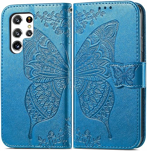 Miniatura 8 de MEUPZZK Funda tipo cartera para Samsung Galaxy S22 Ultra, piel sintética de alta calidad con diseño de flor de mariposa en relieve, función atril,