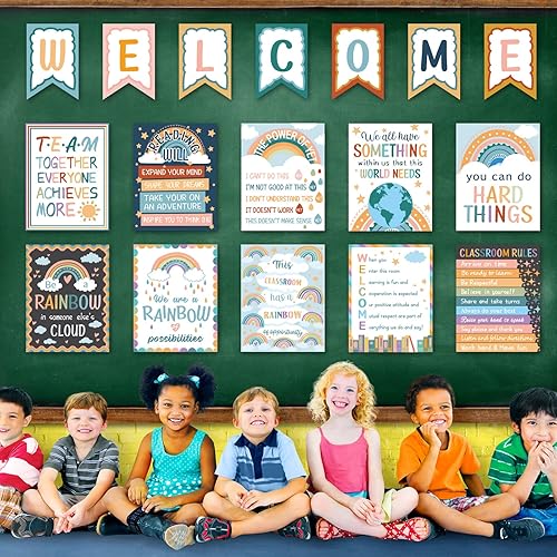 Miniatura 5 de 17 carteles motivacionales de arcoíris bohemio para el aula, letreros de decoración de bienvenida para escuela primaria secundaria, tablón de