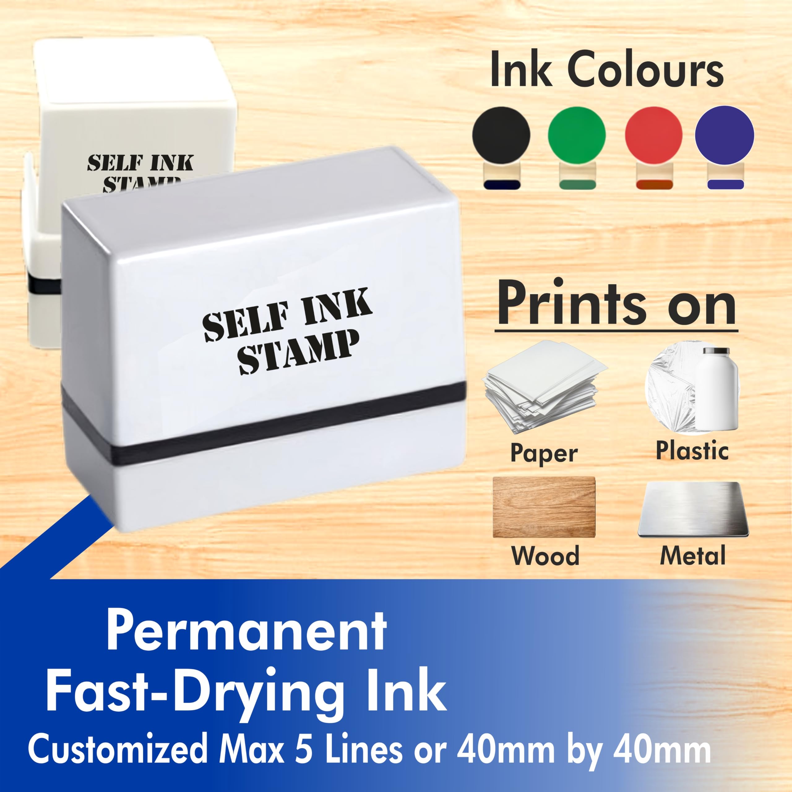Permanent Ink Self-Inking Stamp max 5 Lines or 40x40mm. | Customizable & Refillable | Fast-Dry Ink | Black, Green, Red, Blue | Prints on Paper, Plastic, Metal & Wood | Office & Business Use-image-7