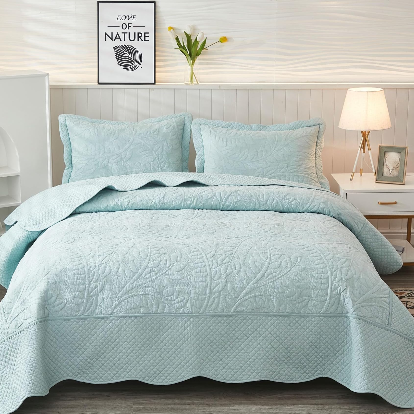 MarCielo 3-Piece 100% Cotton Oversized Bedspread Lightweight Quilt Coverlet Embroidery Farmhouse Bedding Set T0 (Aruba Blue, Oversized King (118"x106"))