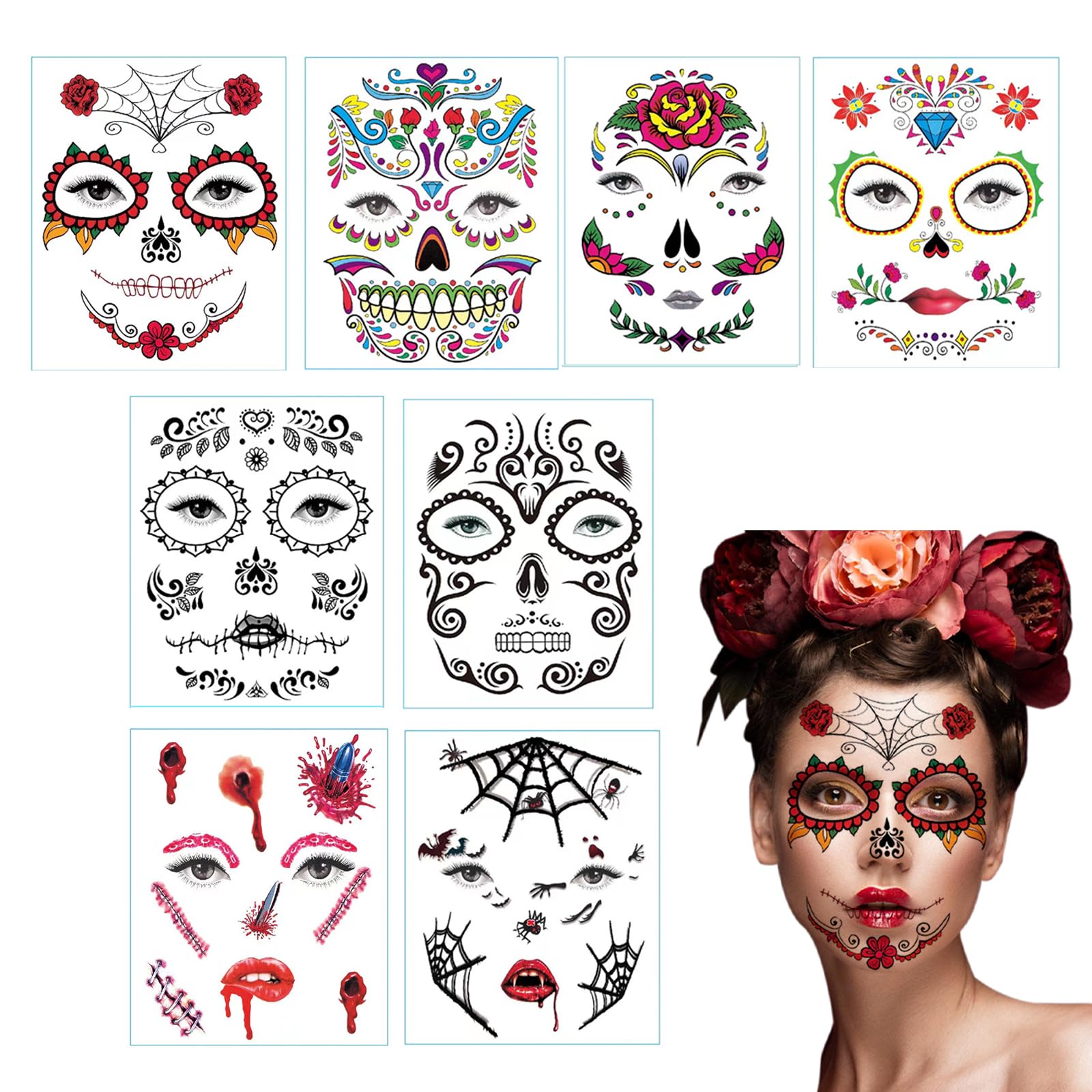Halloween Face Temporary Tattoos 8 Sheets Day of The Dead Temporary Tattoo Sugar Skull Skeleton Red Rose Make Up Sticker for Halloween Carnival Masquerade Cosplay Costume Makeup Party