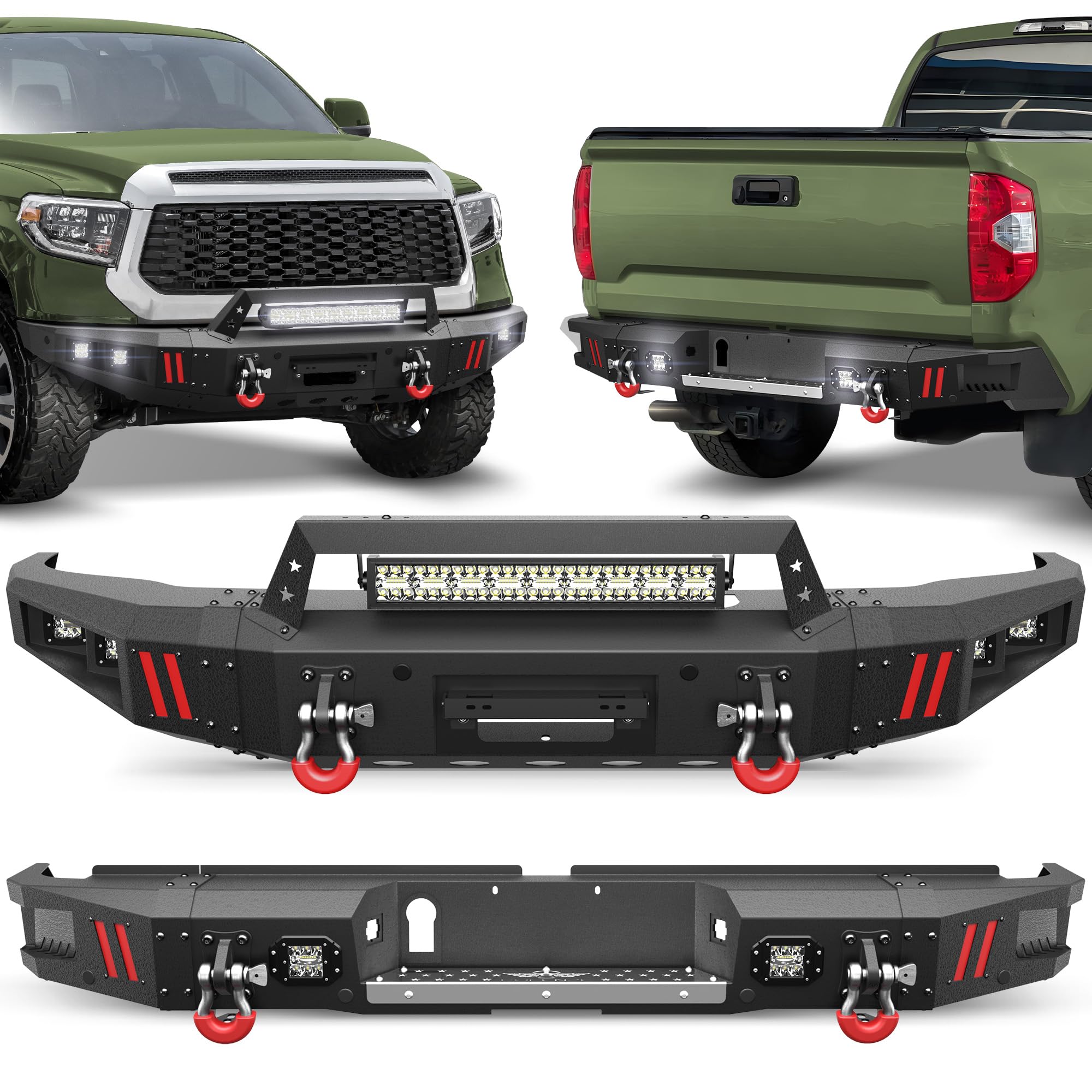 Tundra Front + Rear Bumper Set for 2014-2021 Toyota Tundra Pickup, Including Winch Plate, LED Lights, License Plate Lights and D-rings