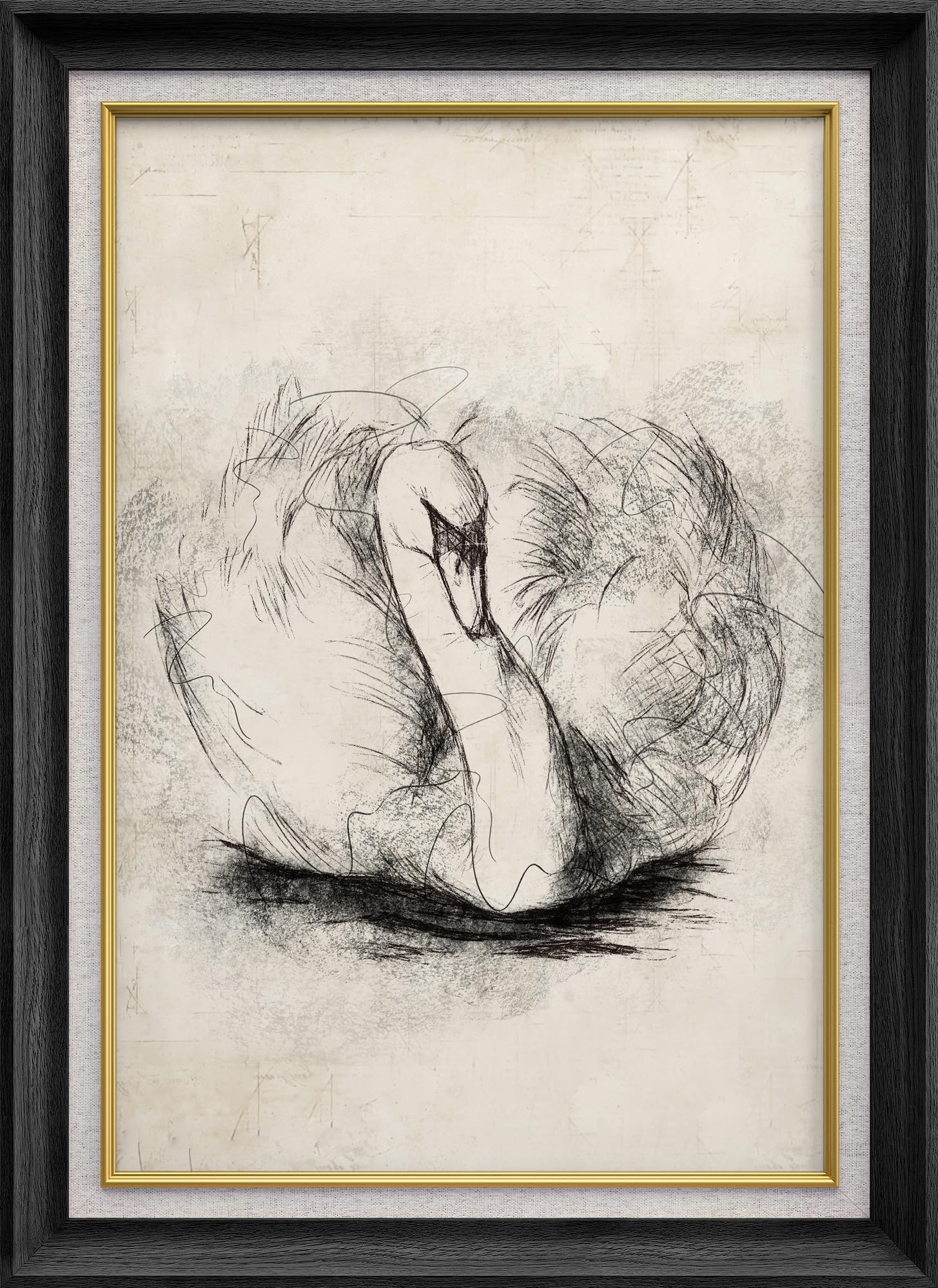 SIGNWIN Premium Frame Art Vintage Retro Forest Lake Swan Bird Portrait Animals Wilderness Illustrations Fine Art Wildlife Relax/Calm Sepia Duotone for