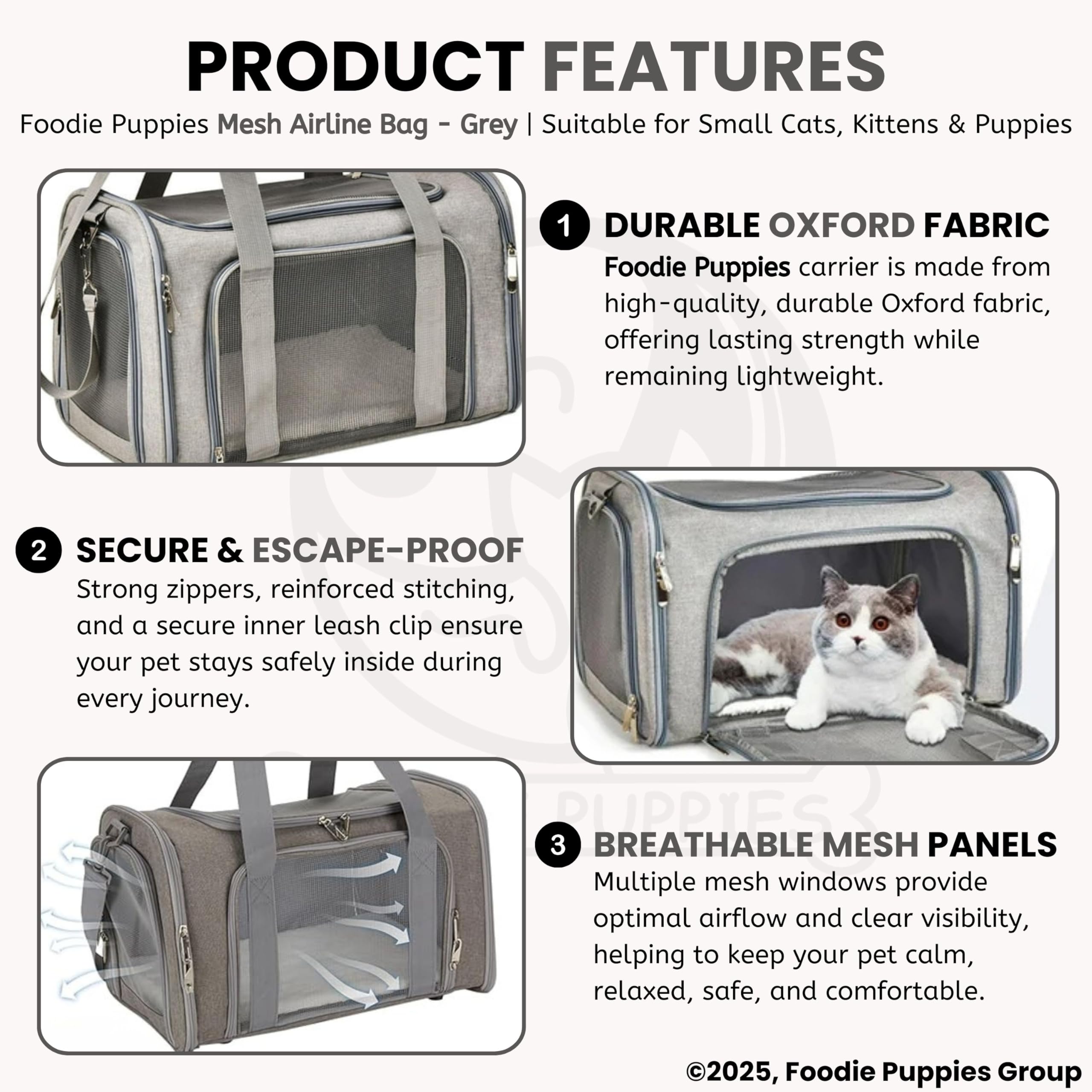 Foodie Puppies Pet Soft-Sided Mesh Pet Travel Carrier for Hiking, Outdoor Activities - (Mesh Airline Bag, Grey)(43x28x28cm) for Small Dogs, Puppies, Cat and Kittens| Breathable Space with Sturdy Pad 2