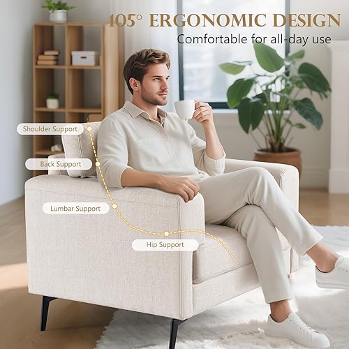 Miniatura 79 de CDCASA Juego de 2 sillas decorativas de tela de lino de gran tamaño, modernas de mediados de siglo, cómodas sillas tapizadas, sillas de lectura para