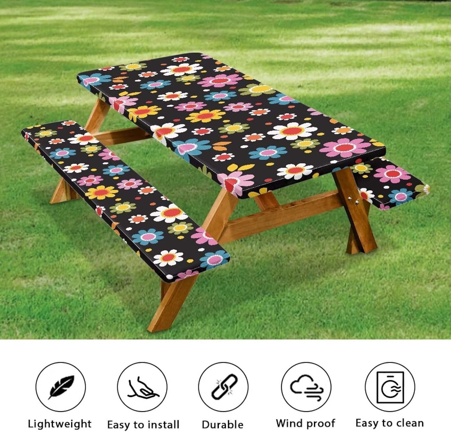 Flower Fitted Picnic Table Cover with Bench Covers Foldable Reusable Camping Tablecloth Wrinkle Free Oil Proof Patio Tablecloth Camping Gear Easy to Clean, 94 x 30 in