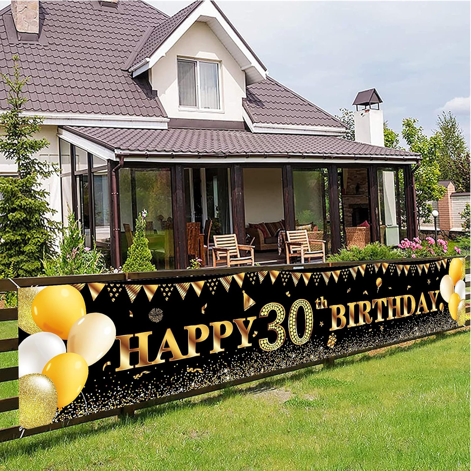 Happy 30th Birthday Banner,30th Birthday Decoration Black Gold,Party