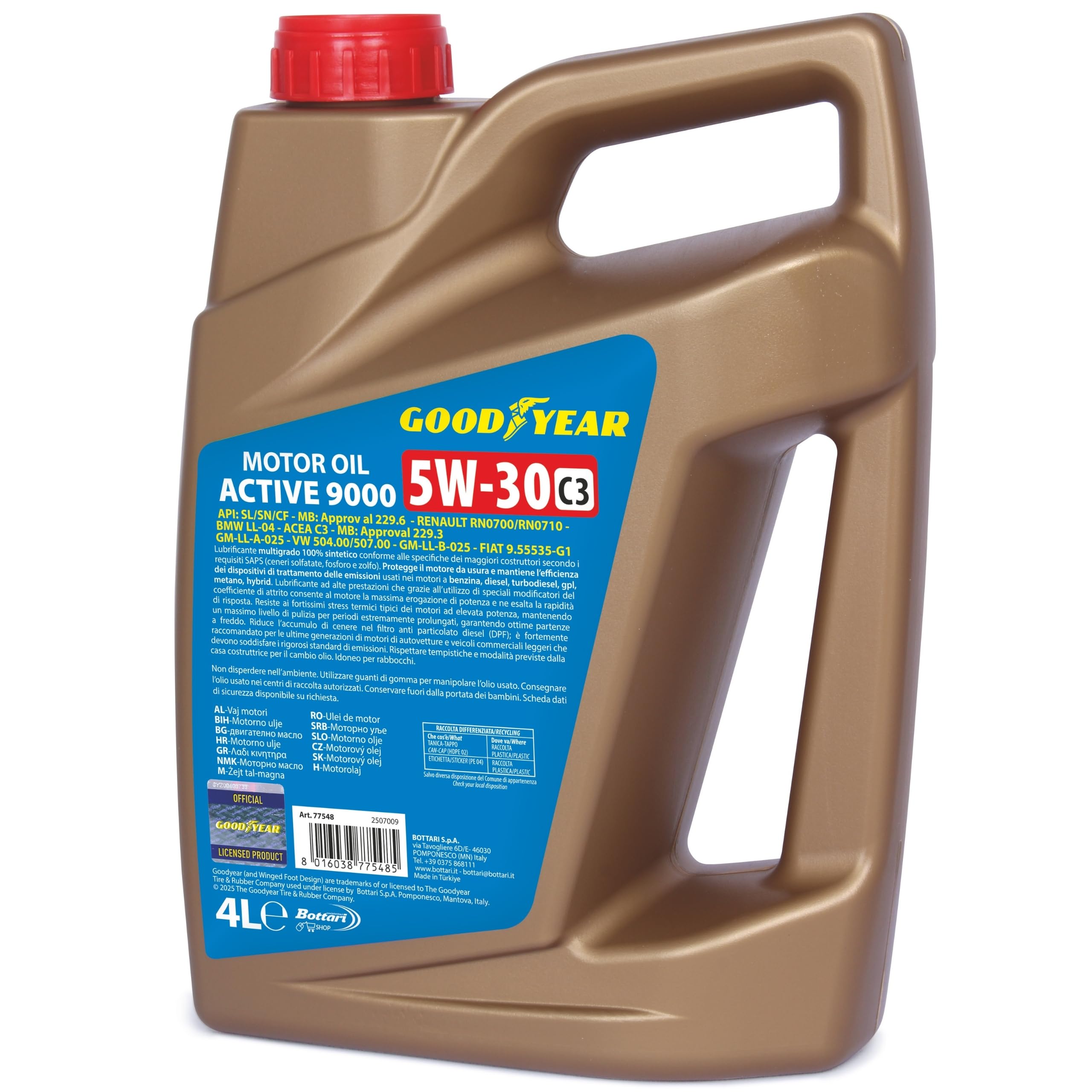 Goodyear Olio Motore 5W-30 C3 Benzina, Diesel e Hybrid, 4 Stagioni Active 9000, 100% Sintetico Fuel Economy, Massima Protezione FAP, DPF e Dexos2, Barriera Anti-Attrito, 4L