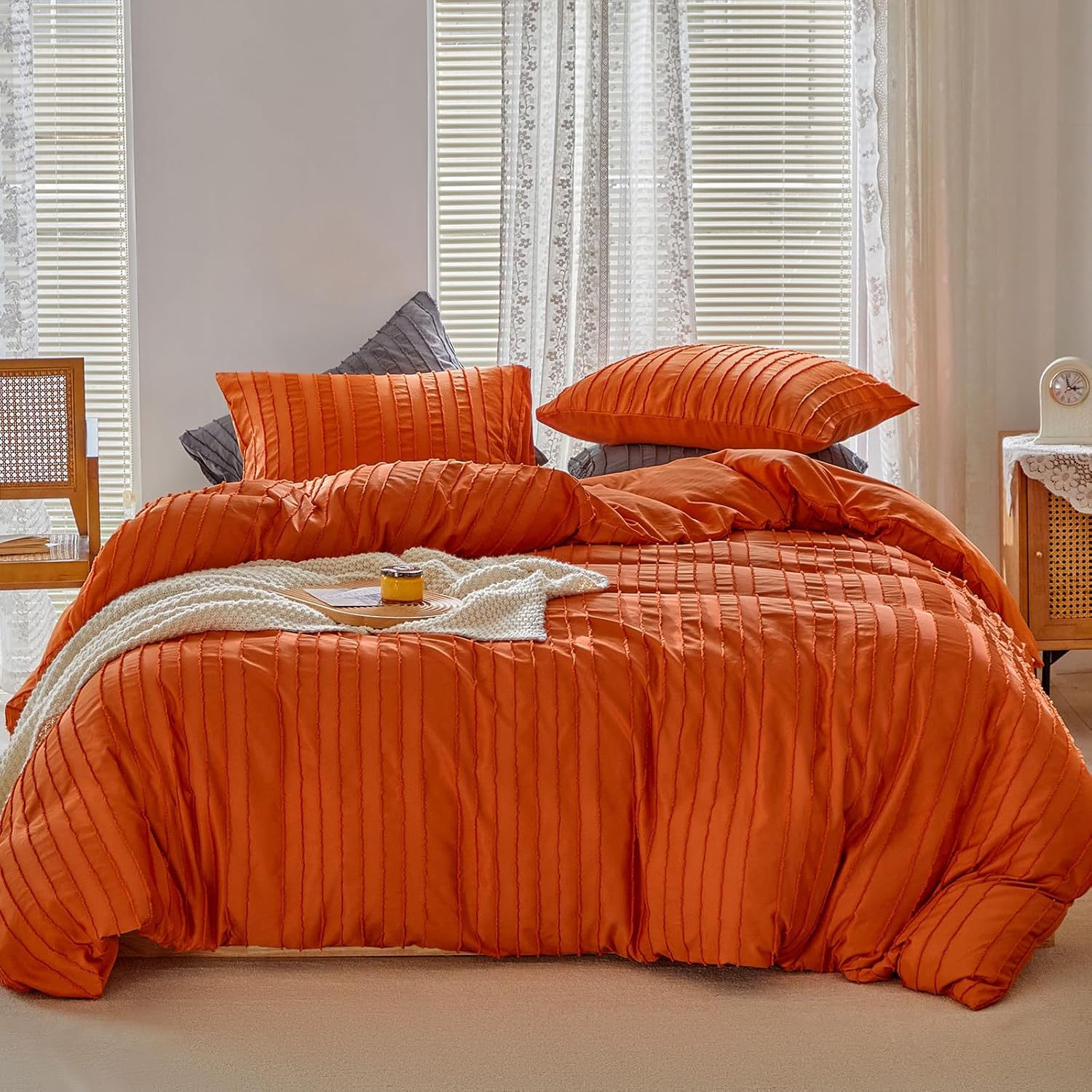 WARMDERN Burnt Orange Boho Duvet Cover King Size, Striped Textured Duvet Cover Set