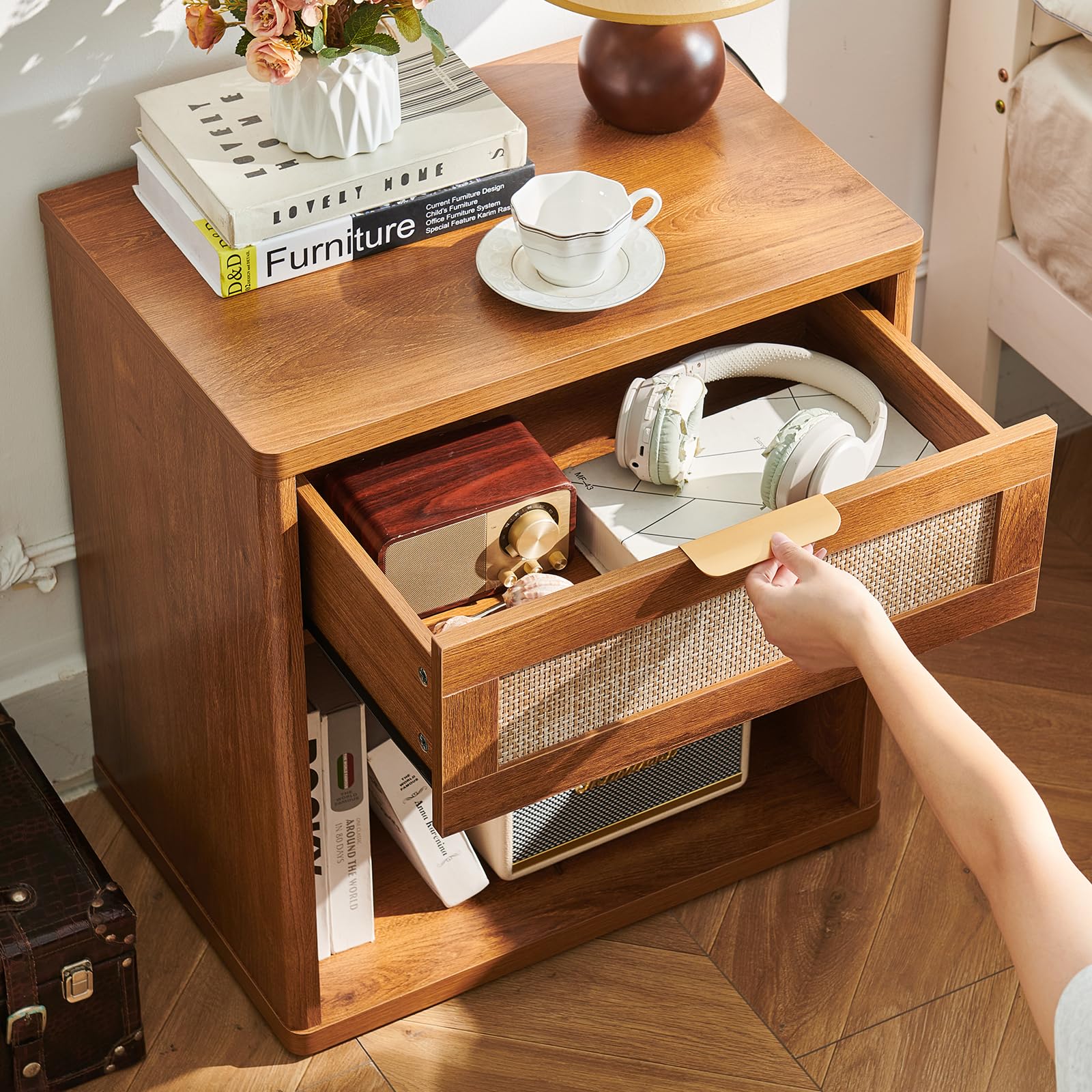 LELELINKY 23" Wide Rattan Bedside Table with Drawer and Open Shelf, Wooden Nightstand, Bedside Cabinet for Bedroom and Living Room Side Table, Brown