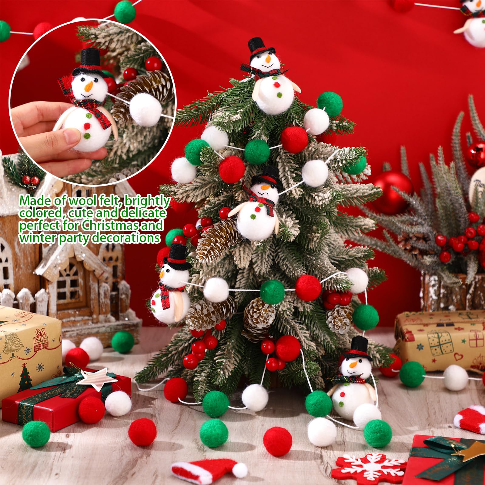 Hosuly Guirnalda de pompones de Navidad de 2,5 m, guirnalda de bolas de fieltro, color rojo, blanco y verde, muñeco de nieve, decoración de pompones colgantes para árbol de Navidad, hogar, chimenea,