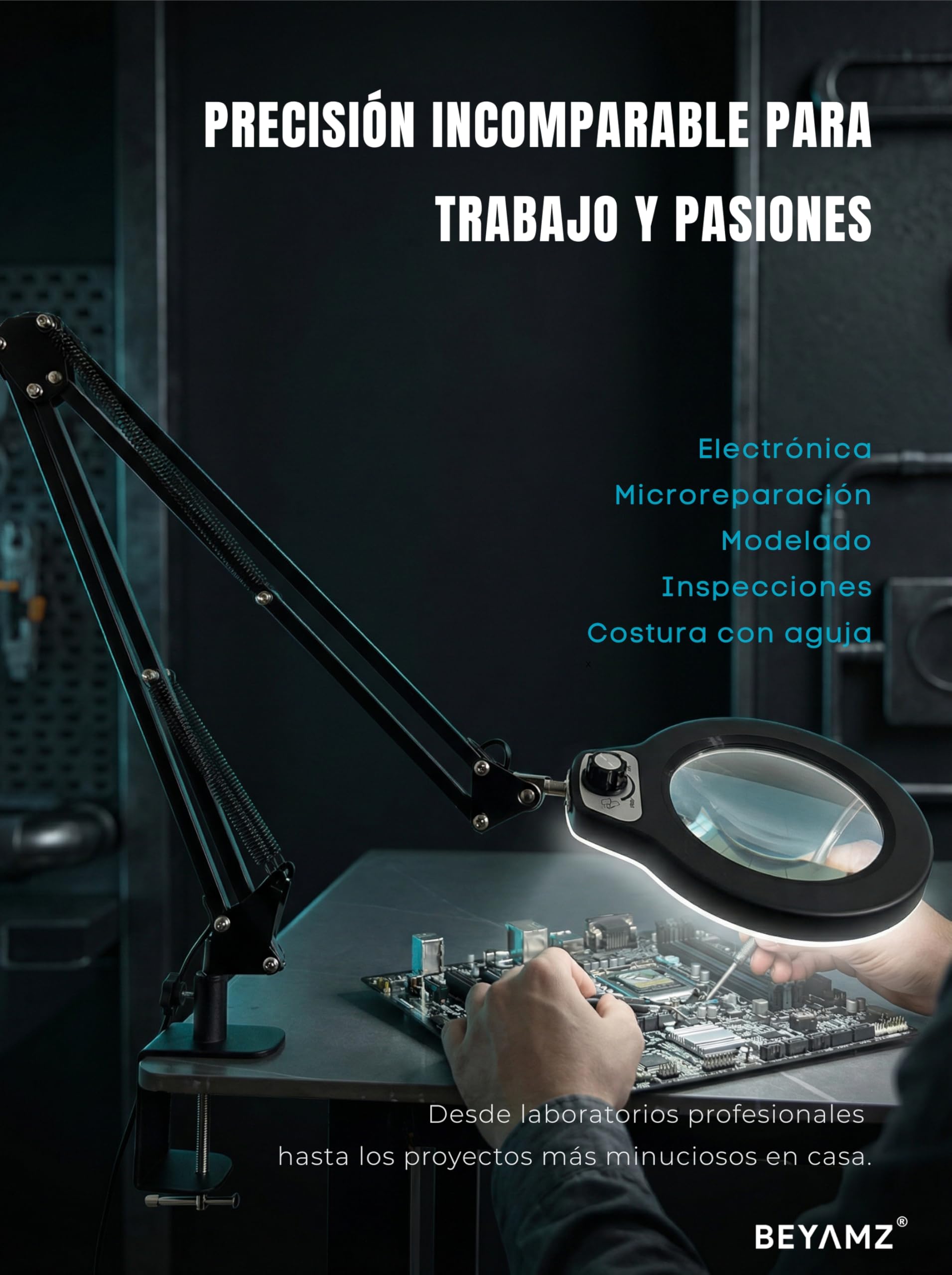 Lámpara Lupa LED con Pinza de Sujeción, Gran Lente de Cristal 5D | Cristal 12,5 cm, 100 LED, 5 colores, brazo 1 m, fuente 12V, mordaza 6,4 cm, precisión, afición, lectura