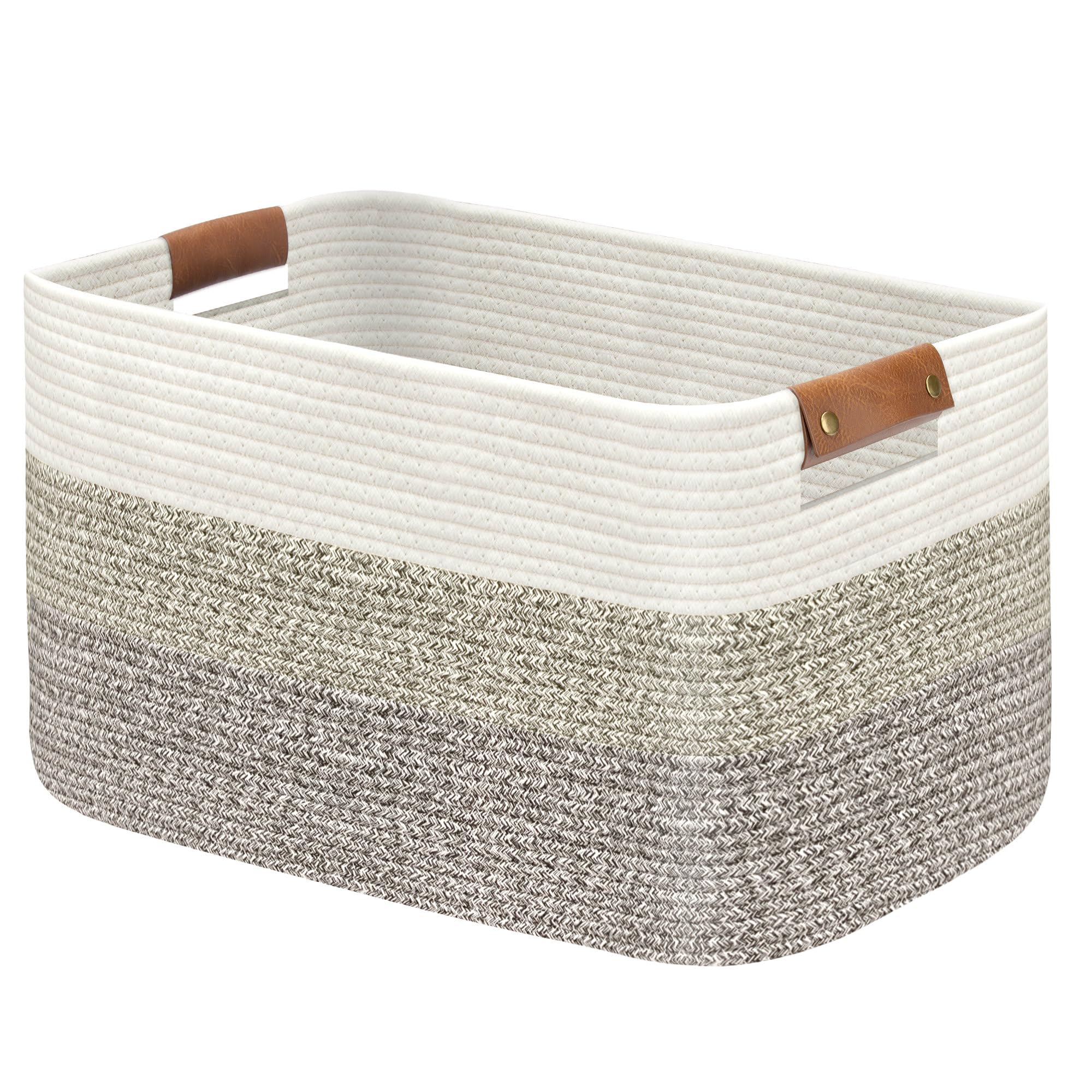 Goodheim Large Woven Cotton Rope Laundry Basket with Leather Handles, Rectangular Collapsible Storage Hamper for Clothes, Towels, Baby Kids Dog Toys, Washing Basket for Home Decor Gradient Brown