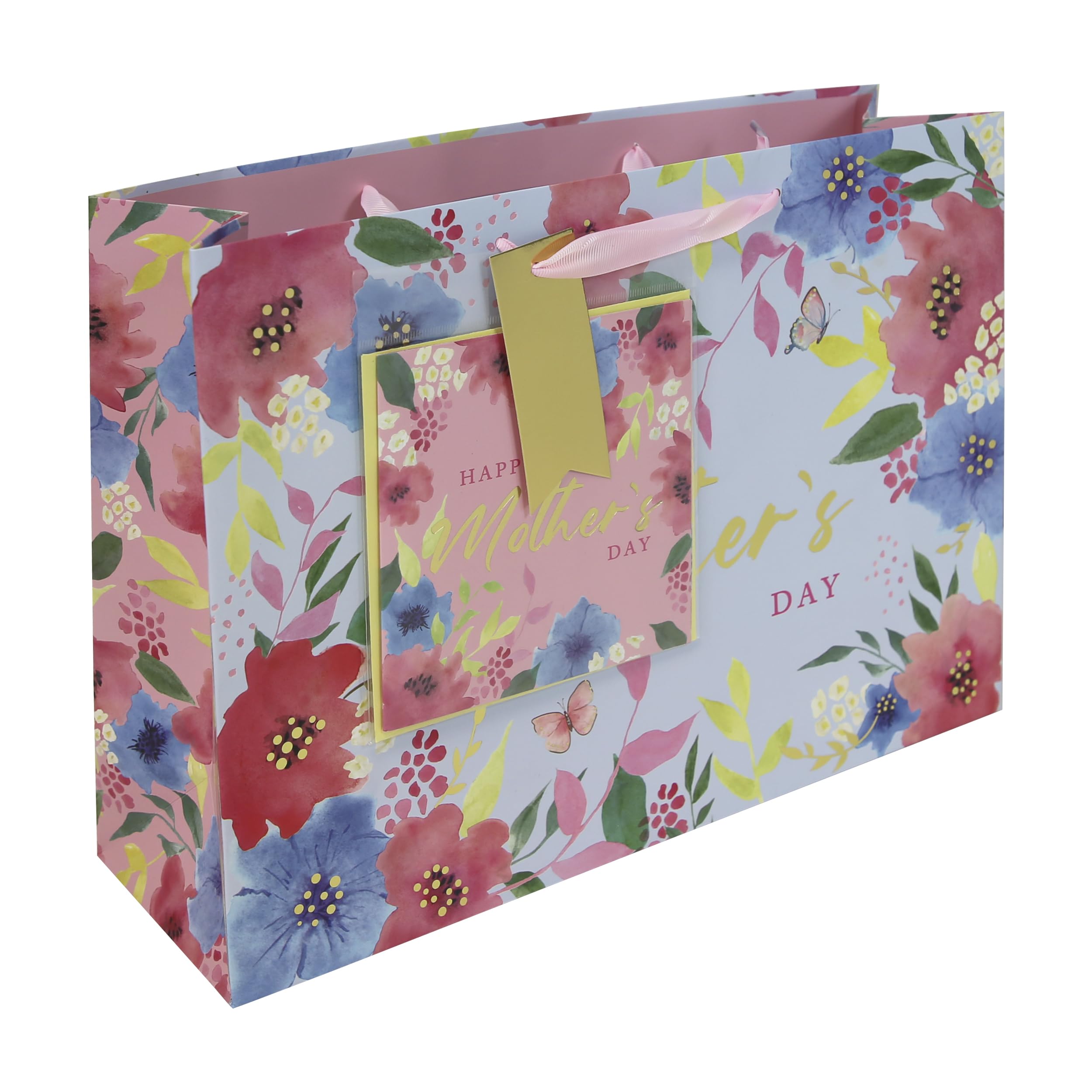 Eurowrap Mother's Day Shopper Gift Bag with Card – Blue Floral Design with Pink Printed Inside, Ribbon Handle & Matching Greeting Card – Perfect for Mother’s Day Gifts