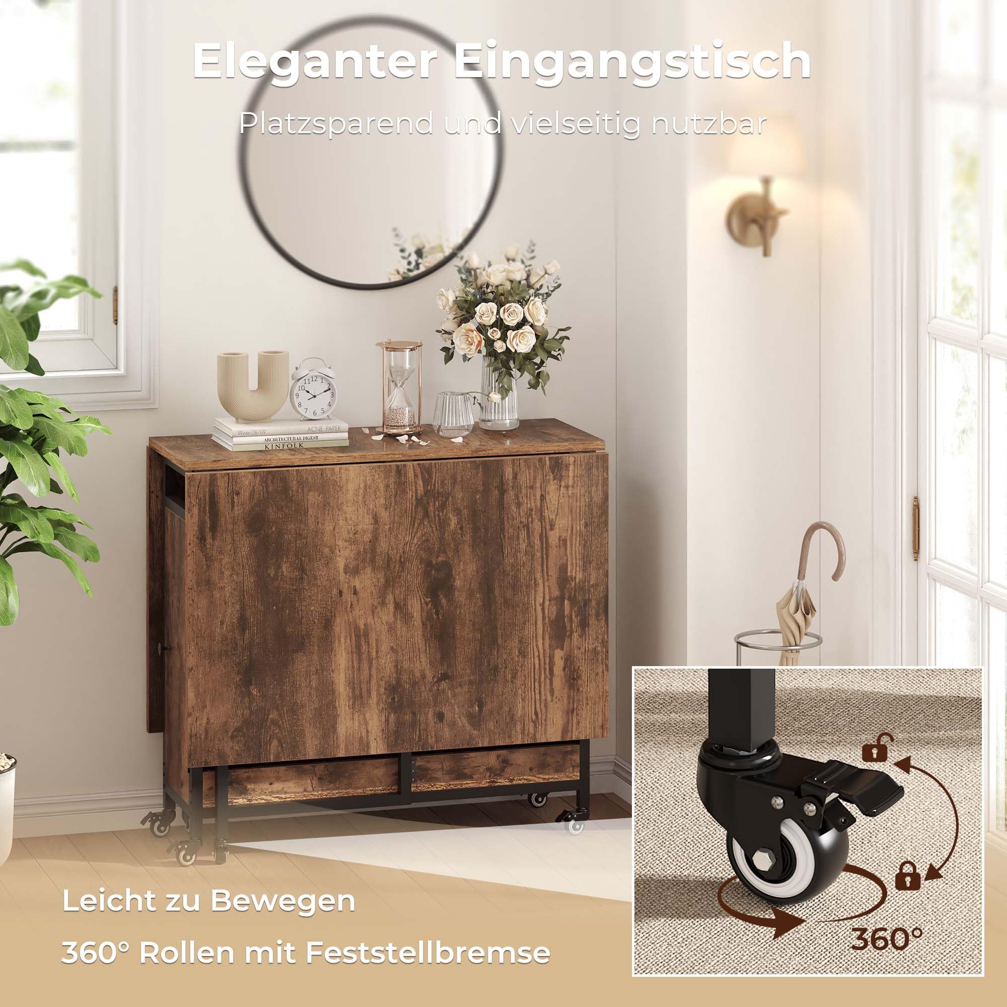 HSH Klappbarer Esstisch Klapptisch Küche Mit Stauraum für Küche Küchentisch Klappbar mit 2 Regalen und Rollen Mobiler Tish Platzsparender für Wohnzimmer Wohnung Rustikales Braun 130cm