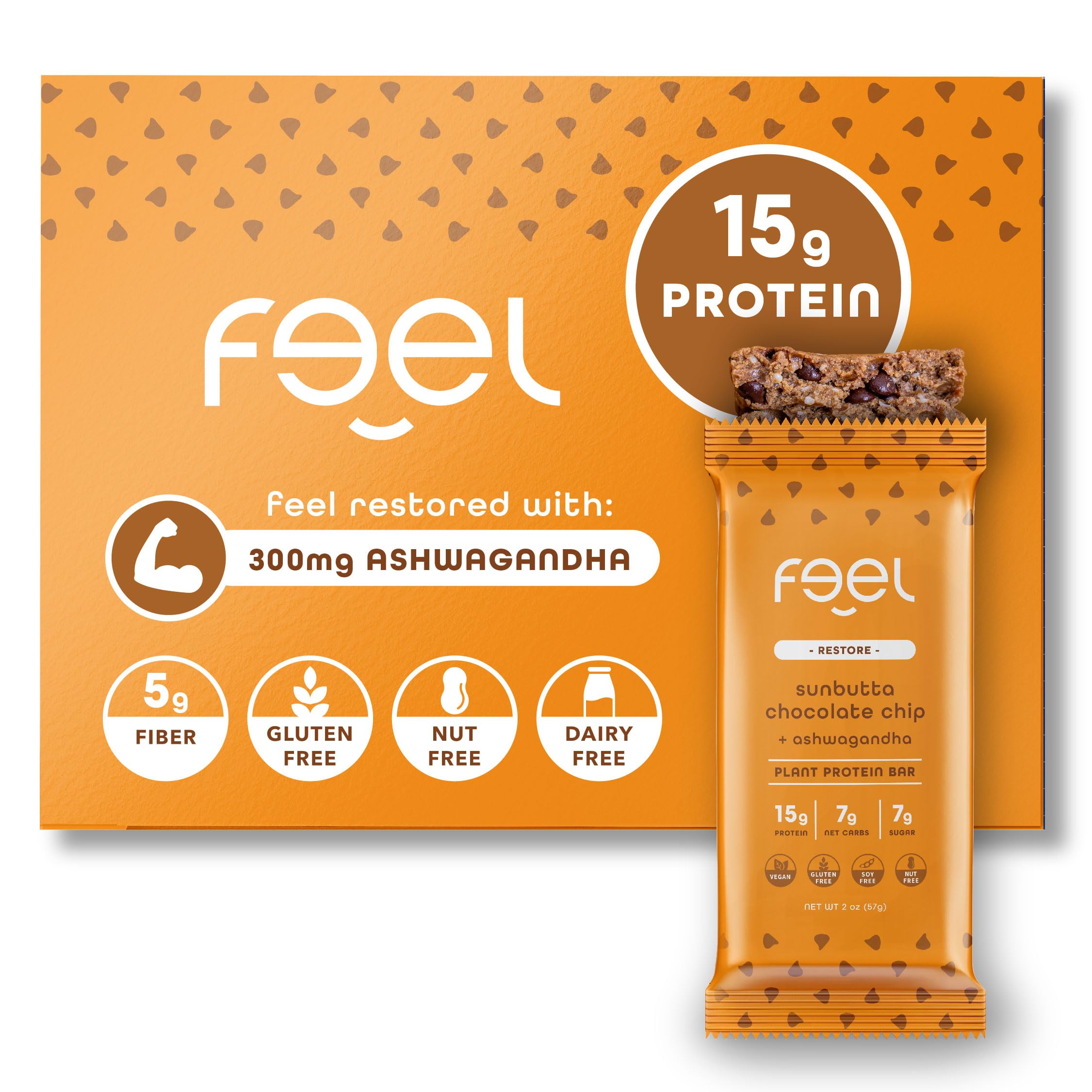 Feel Vegan Protein Bars | Sunbutta Chocolate Chip | Keto | Gluten Free | Organic | Ashwagandha | 15g Plant Protein | Low Carb | High Protein | Dairy Free | Low Sugar | Nut, Grain, Soy Free | 10 Pack