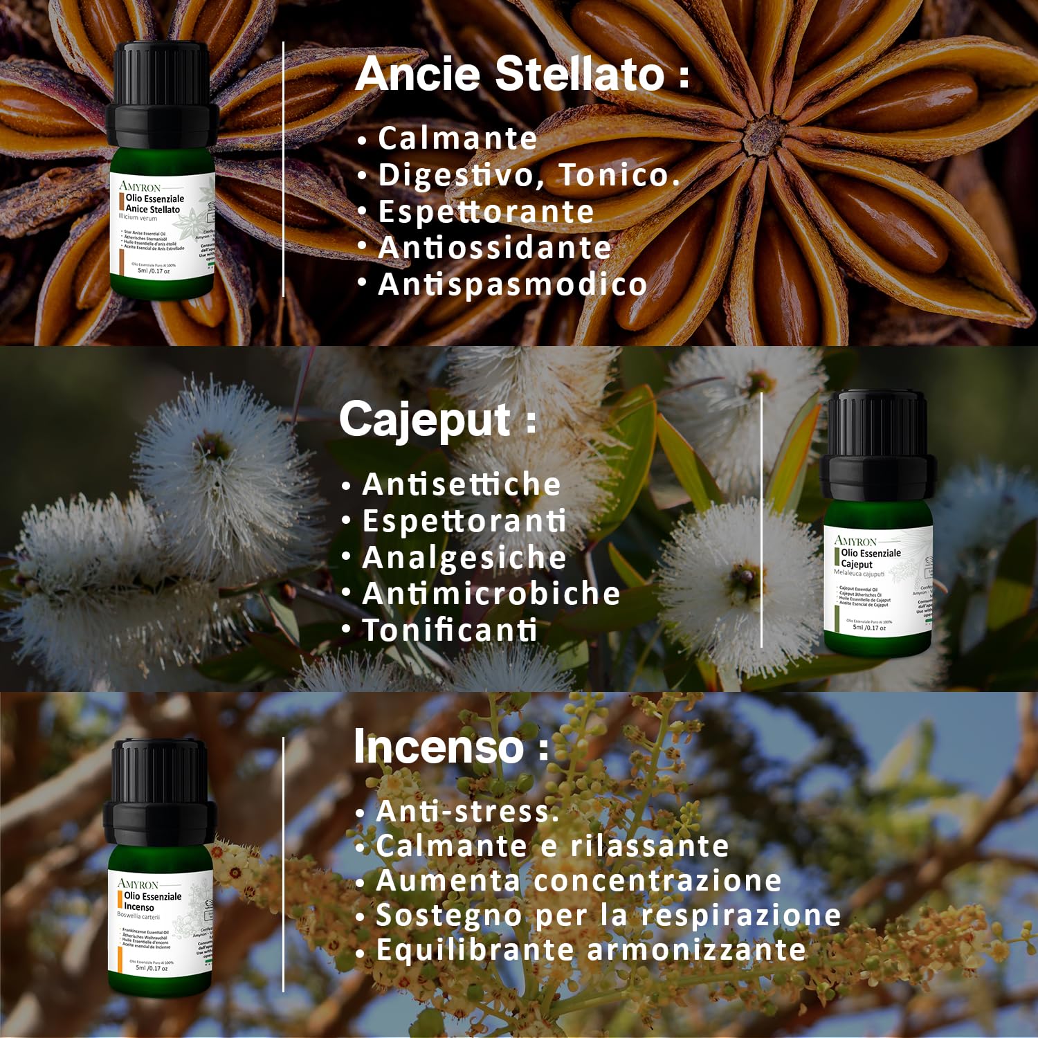 Set di Oli Essenziali Naturali per Aromaterapia | Fragranza Ambiente | Anice stellato | Cajeput | Incenso/Franchincese | Ginepro Bacche | Bergamotto | Eucalipto | Ideale Per Diffusore.