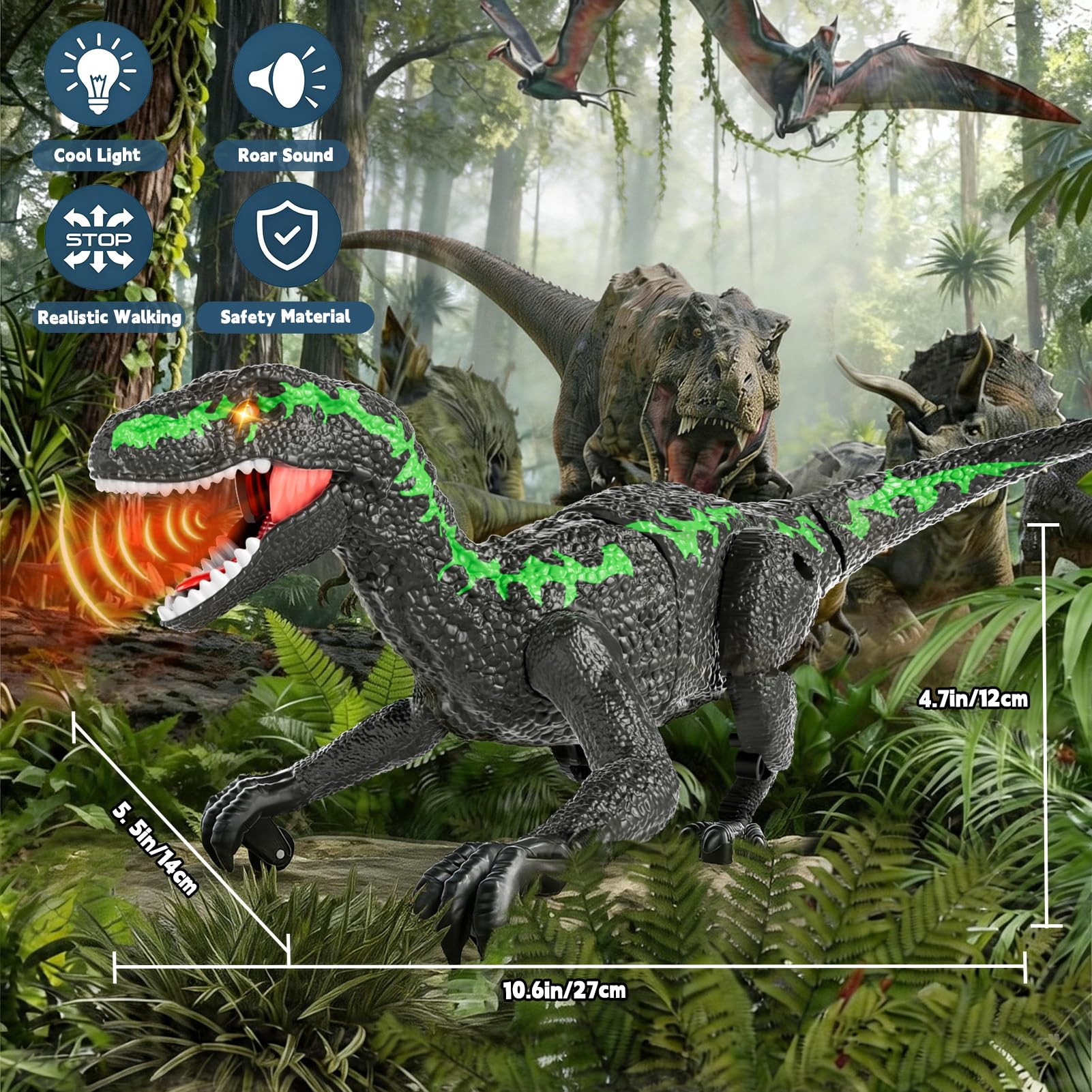 Dinosaure Télécommandé RC Rechargeable 2,4 GHz avec Yeux 3D et 3 Sons, Jouet Interactif pour Enfants 3+ (Vert)