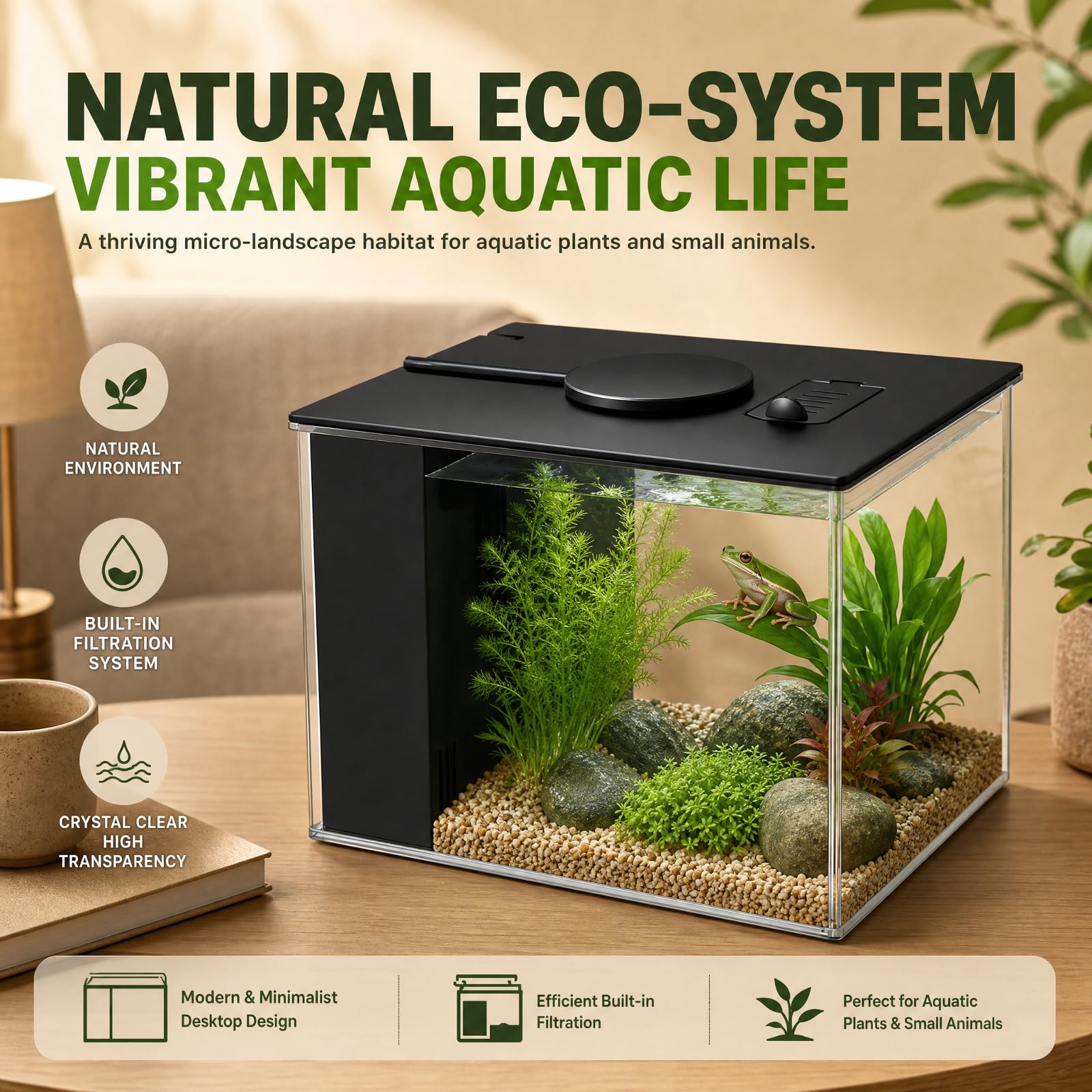 Petit Aquarium Complet, Mini Aquarium Plastique, avec Pompe de Filtration et Éclairage LED Réglable, Aquarium à Circulation Automatique, pour Petits Poissons, Crevettes et Plantes Aquatiques (Black)