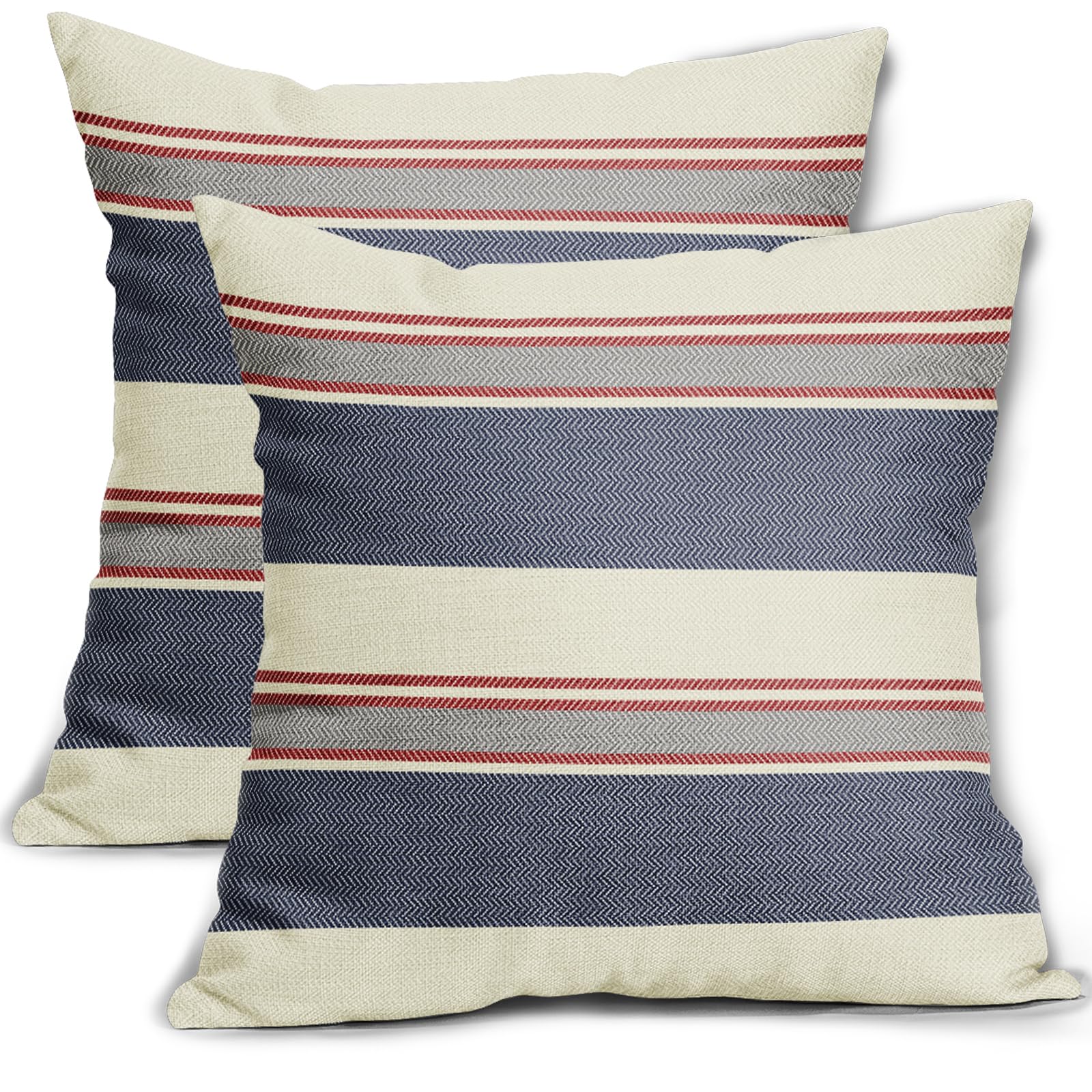 Aytipun Blue Red Striped Pillow Covers 16x16 Set of 2 4th of July Patriotic Boho Stripe Print Patterned Cream Decorative Outdoor Pillowcases Modern