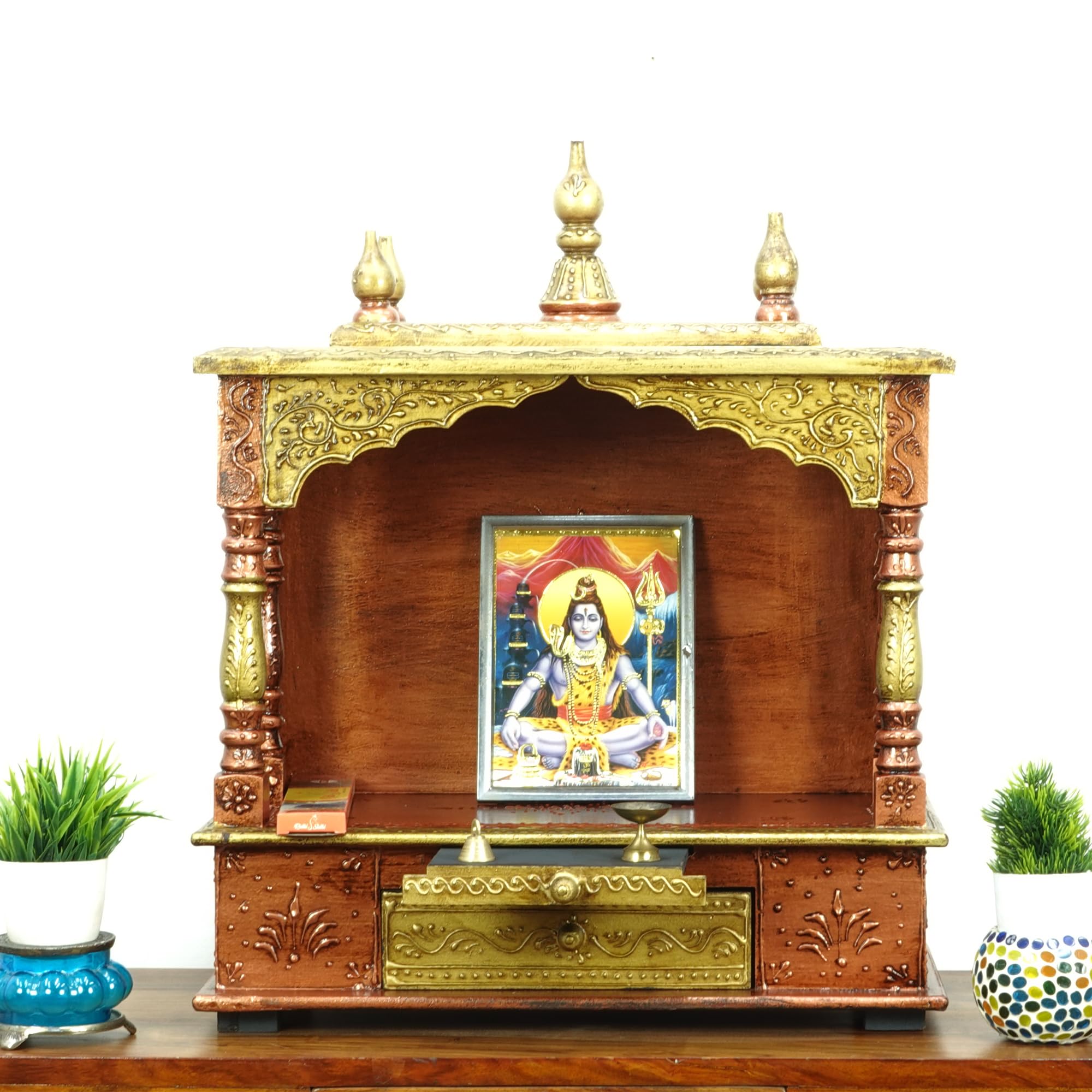 UNIVERSAL ART Wooden Temple/Mandir/Pooja Ghar/Mandapam for Home and Office | Handcrafted Rajasthani Wall Mounted Engineered Ethnic Pooja Stand Mandir (Size-22D x 45W x 55H CM) 18x9x22 inch (LxWxH)