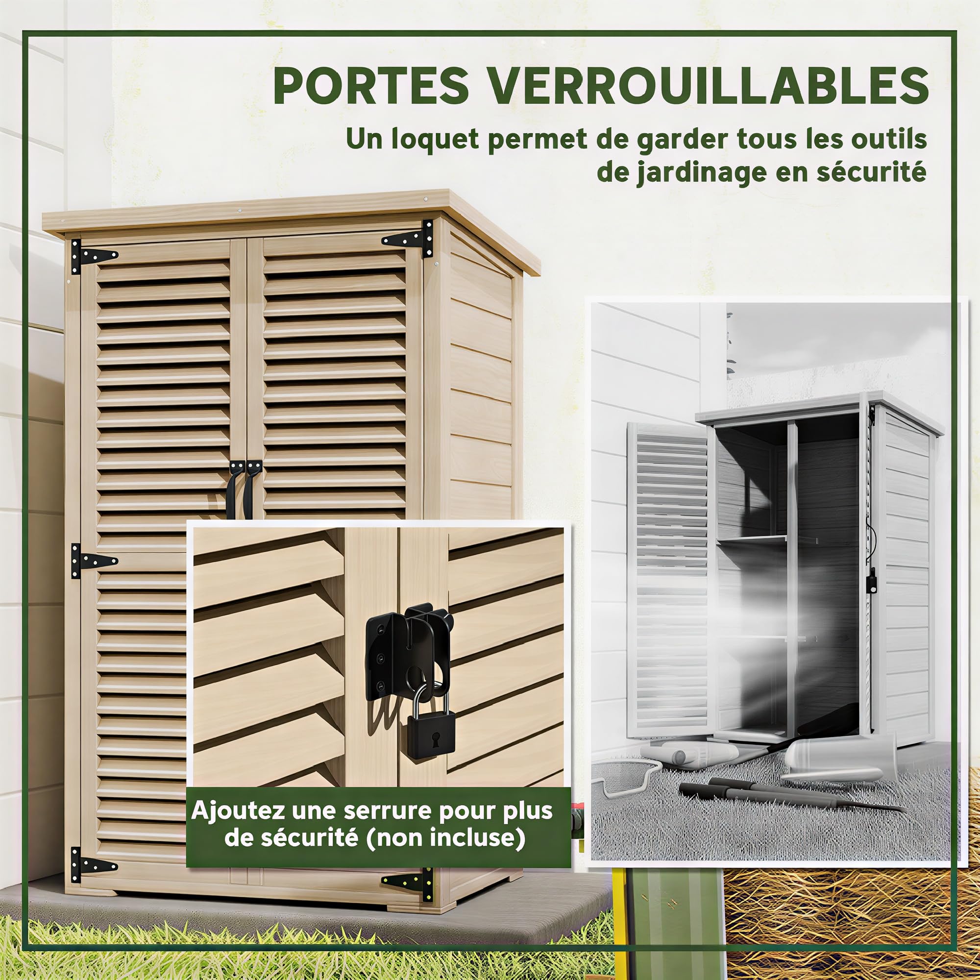 Outsunny Gartenschrank, Schuppen für Werkzeuge aus Holz, 2 Regale, Dach, Bitumendach, abschließbar, 75 x 50 x 118 cm, Natur