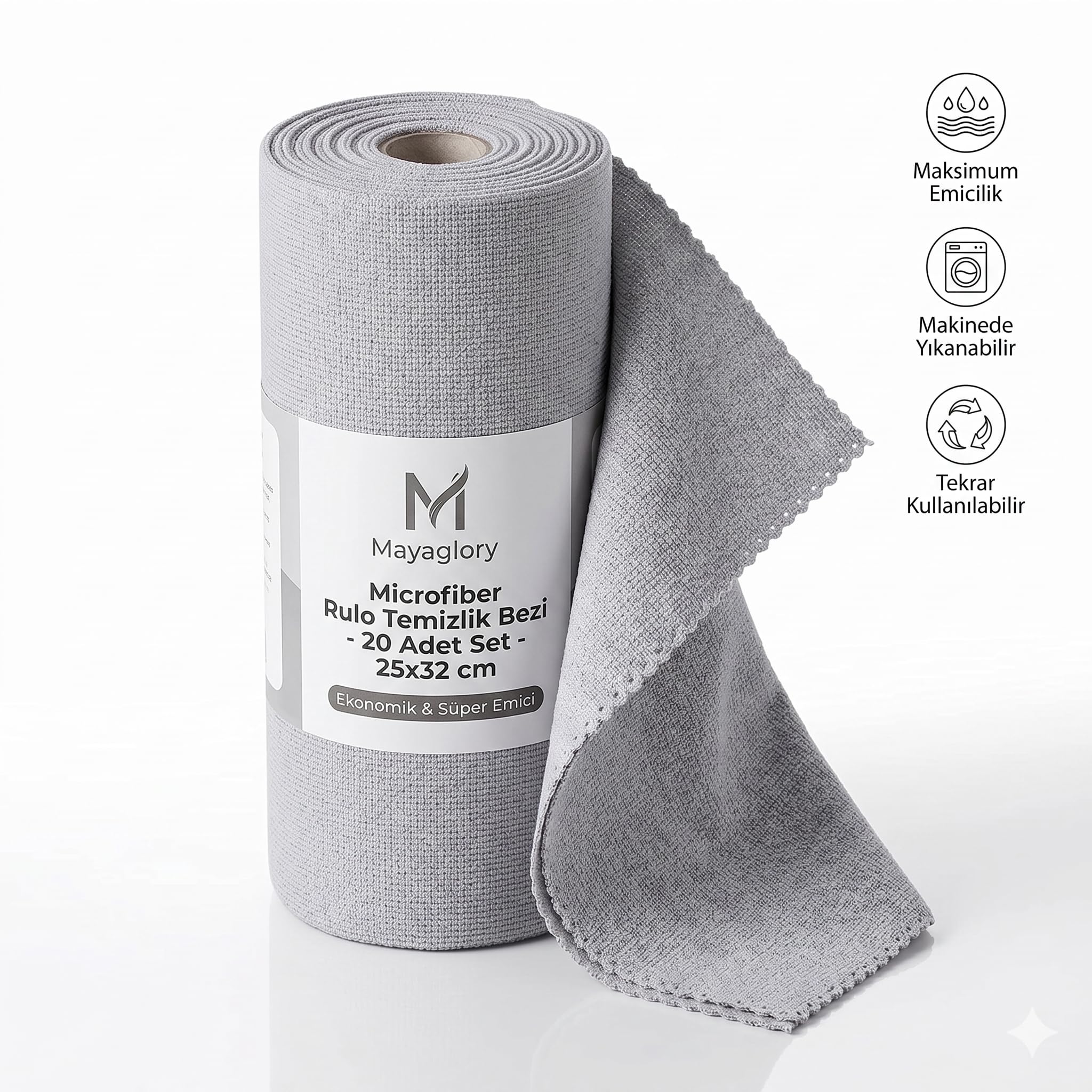 Mayaglory 20’li Rulo Mikrofiber Temizlik Bezi - 25x32 cm Süper Emici Yıkanabilir Kurulama Bezi - Mutfak, Cam ve Araç İçin Çok Amaçlı Sihirli Bez