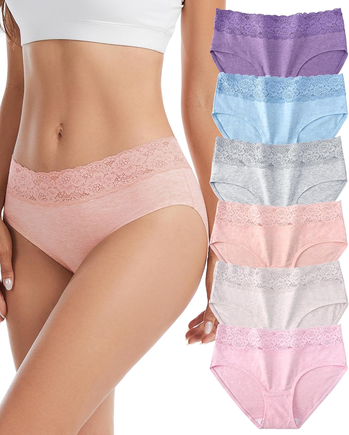 Sunm Boutique Cotton Underwear for Women, Sexy Lace Waistband Women's Panties, Full Coverage Breathable Ladies Bikini