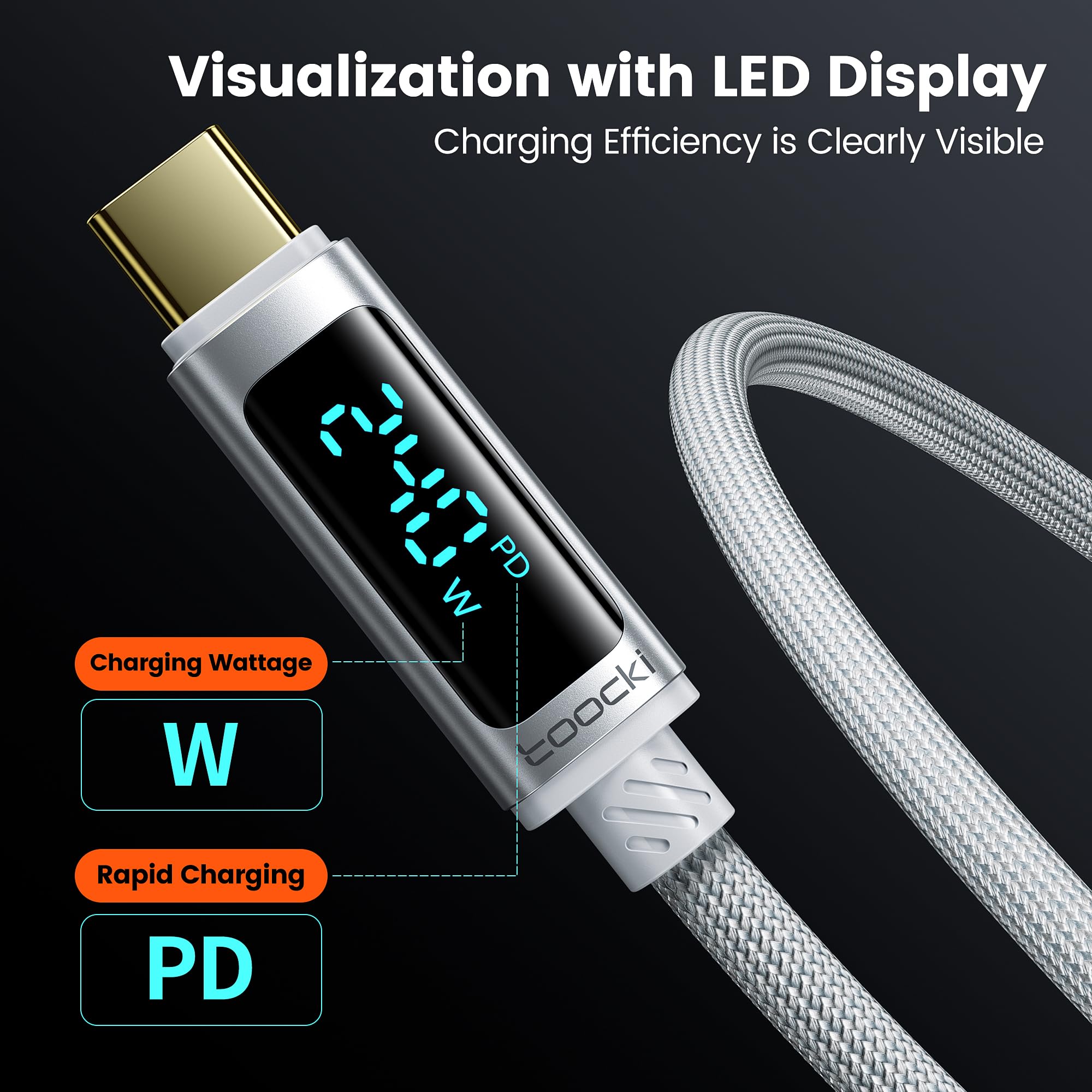 Cavo USB C 240W Cavo di Ricarica Rapida con Display LED, Confezione da 2 m, Bianco